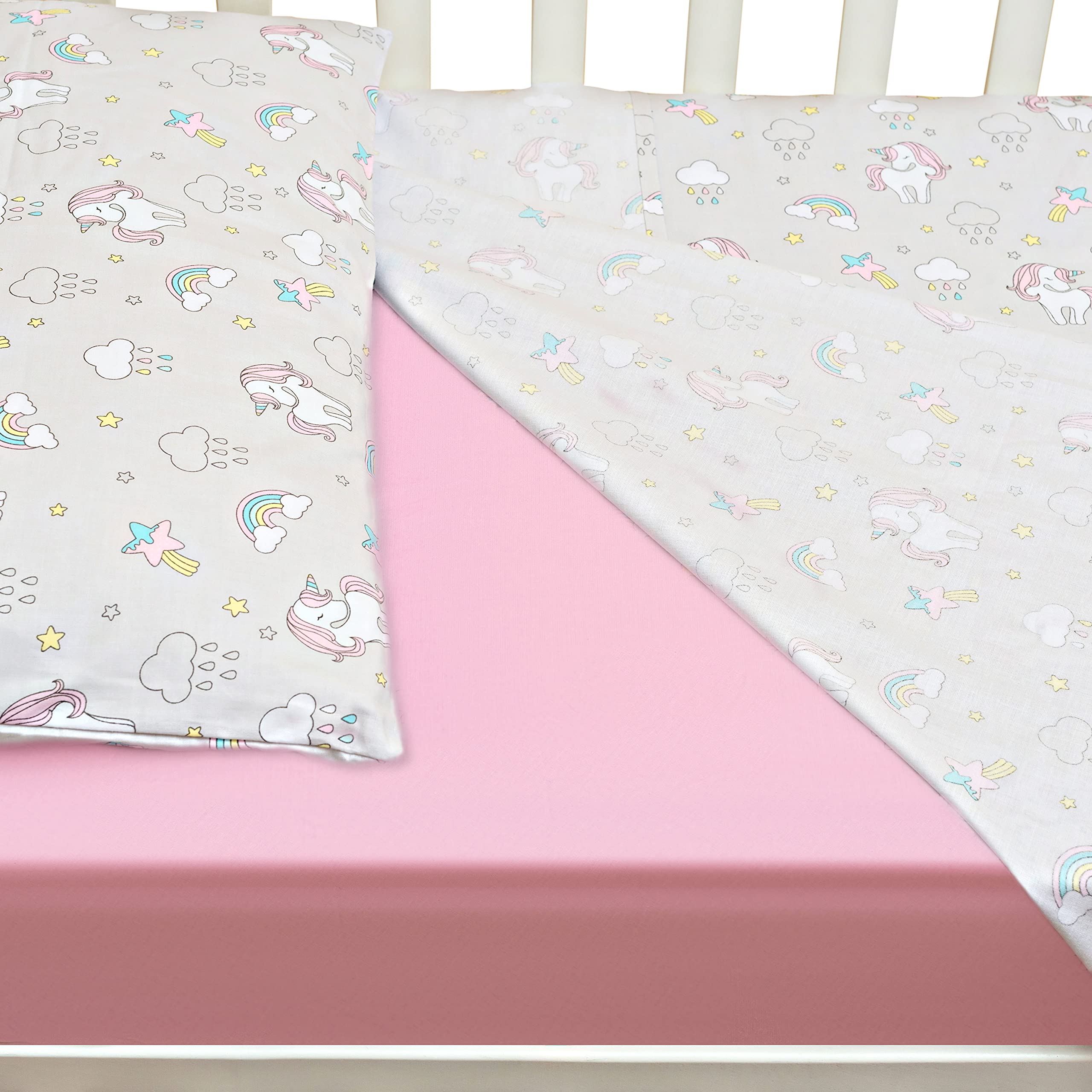 CangooCare® Set Lenzuola 3 Pezzi Per Lettino Neonato, Montessori, 70x140 cm, 1 Lenzuolo Di Sotto Con Angoli, 1 Lenzuolo Di Sopra, 1 Federa Cuscino, 100% Cotone, Unicorni
