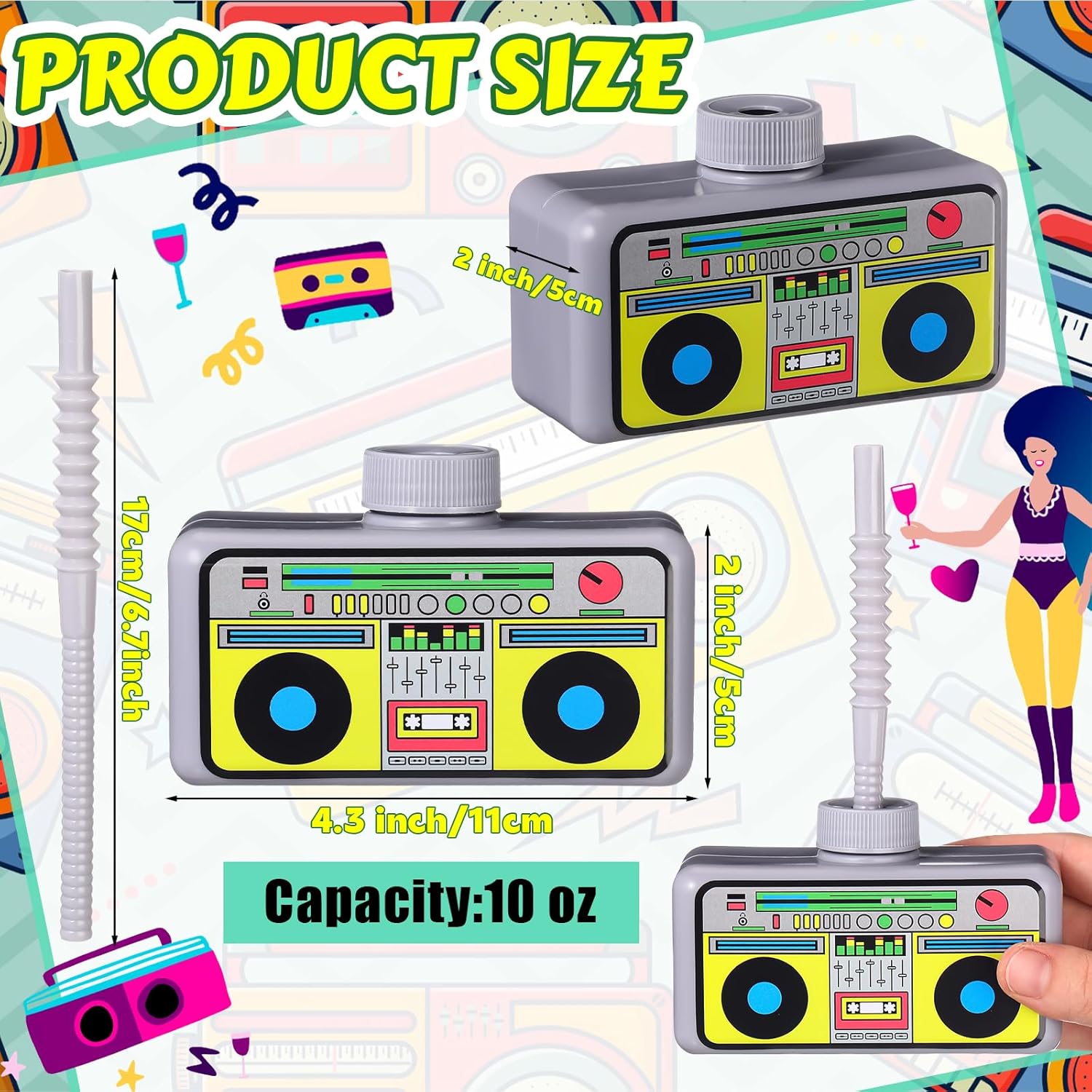 Mifoci 24 Pcs 80s 90s Party Decorations Boombox Radio Cup with Straws,10 oz Reusable Plastic Radio Cup Bulk for Disco Hip Hop Party Favors