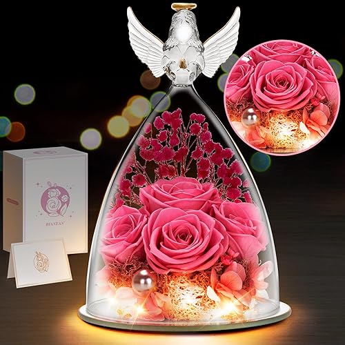 Regalos de mujer para Navidad, regalos de flores preservadas para madre, abuela, esposa, figura de ángel con 4 rosas y luz LED, regalos para ella en