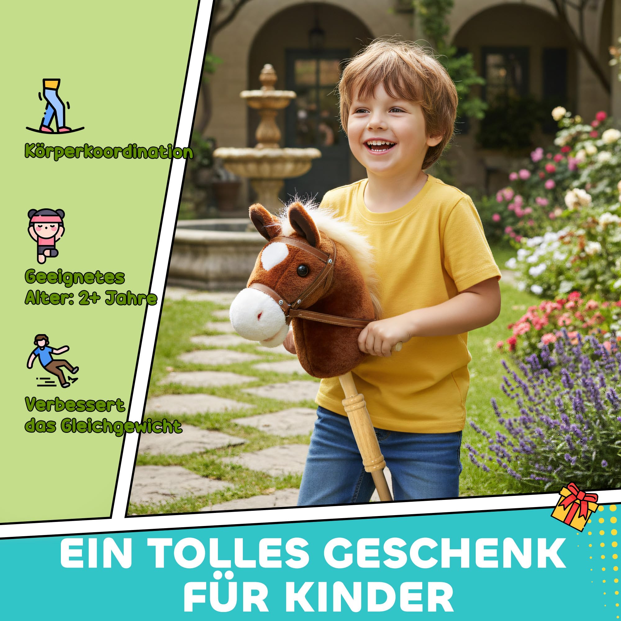 AIYAPLAY Hobby Horse Steckenpferd mit Sound, Griffe, Rolle, Holzstock, Hobby Horsing aus Polyester mit Langer Mähne für Kinder 24+ Monate, Stockpferd & Rollenspiel