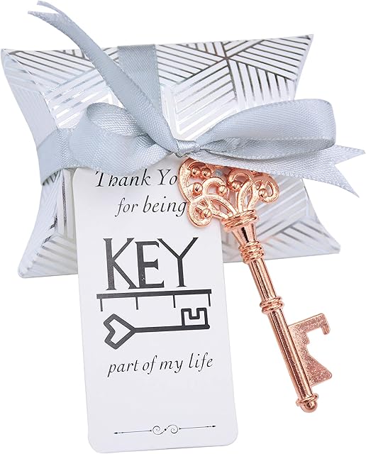 Makhry 50pcs Wedding Favours for Guests Key Bottle Openers Gift Set with Candy Box Gift Tag Silky Ribbon (Rose Gold)