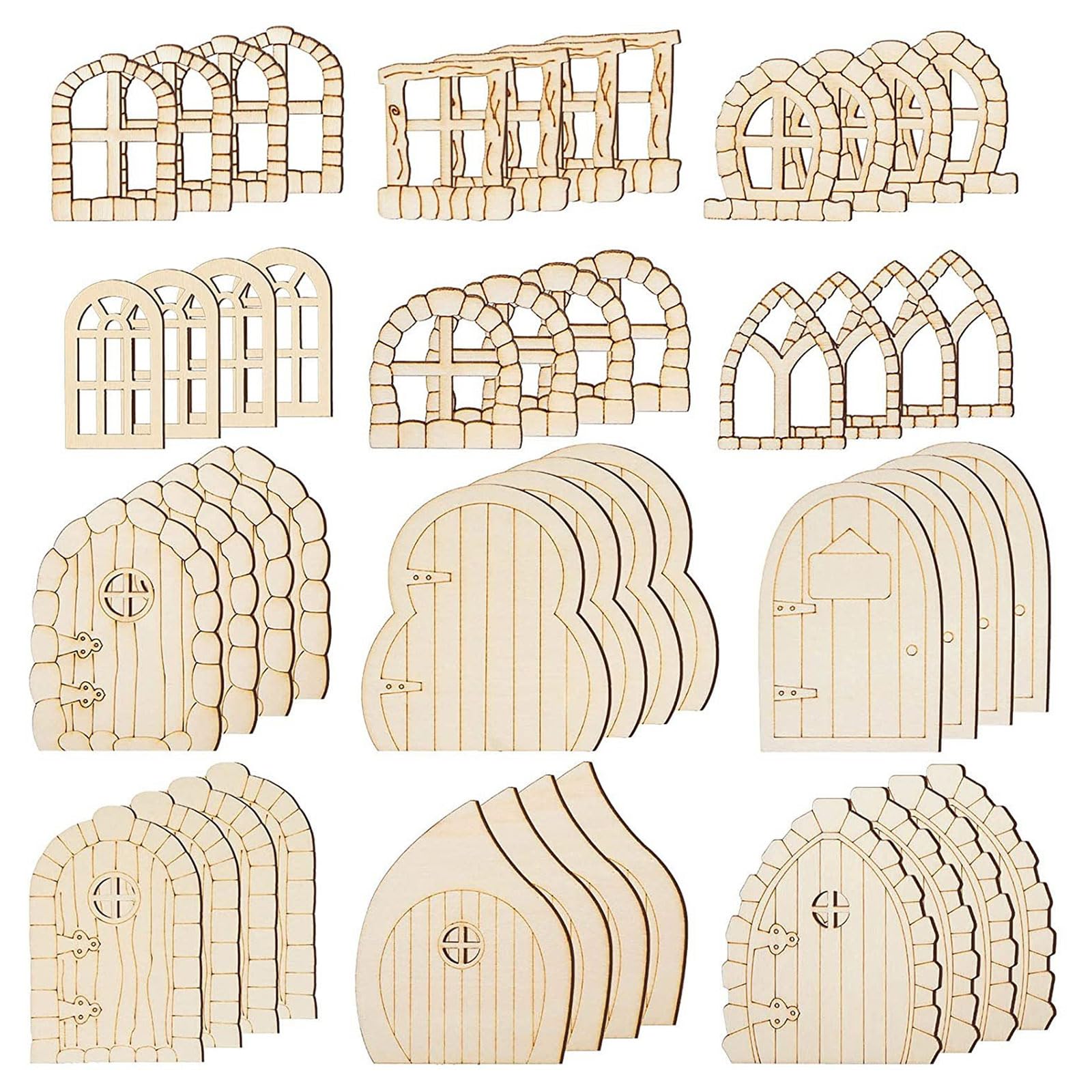 Jazuaiao 48Pcs Fairy Door Wood Garden Door Window Fairy House Kits Unfinished Miniatures Unpainted Home Decor Wood