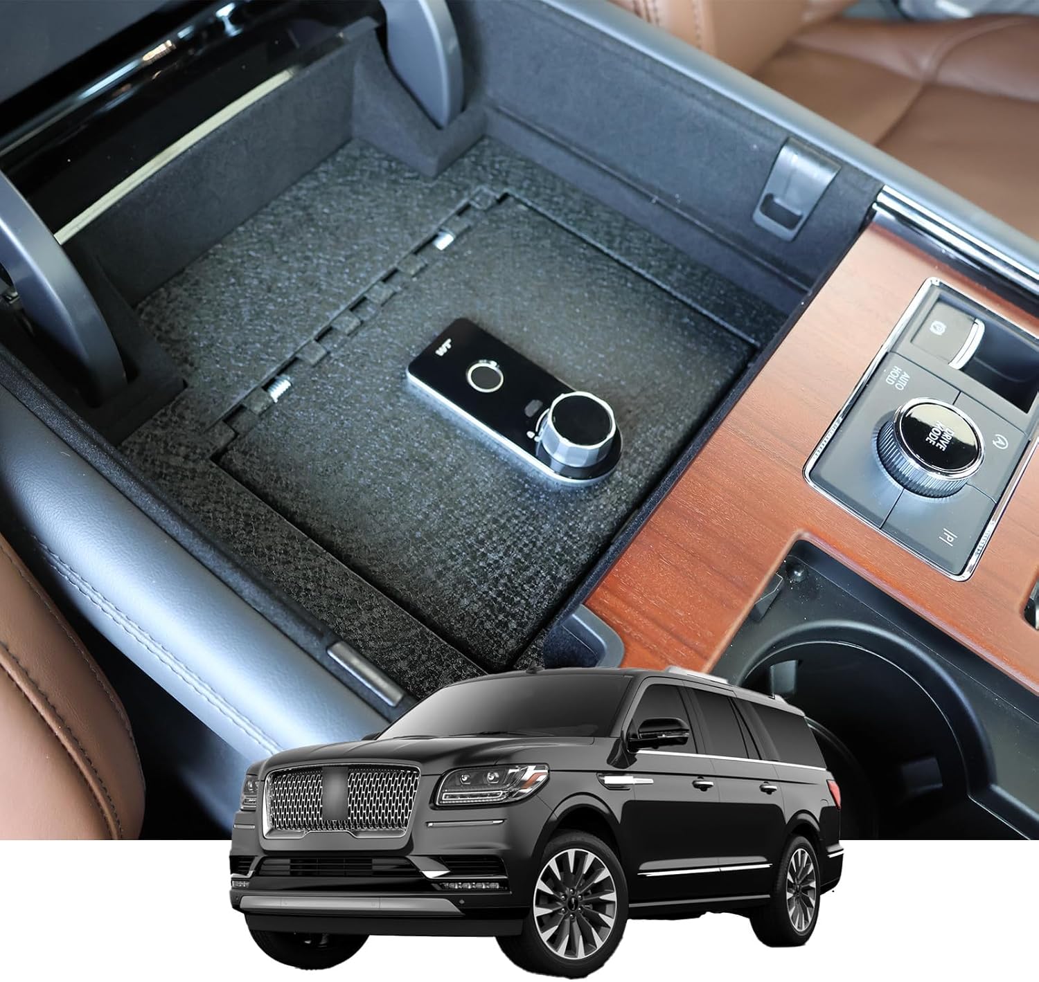 Front Center Console Safe Vault - KEREN Console Gun Safe Box Compatible with Lincoln Navigator 2018-2024, with Fingerprint Lock