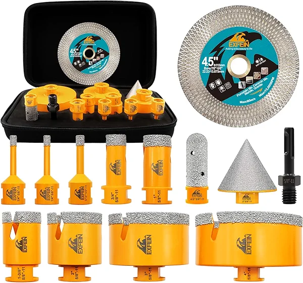 EXFEIN Tile Hole Saw Kit 13pcs - 6/6/8/19/25/35/50/75/102mm Diamond Core Drill Bits, 4/5 Inch Milling Bit + 2 Inch Chamfer Bit + Adapter + 4.5 Inch Grinding & Cutting Disc for Tile Marble Granite