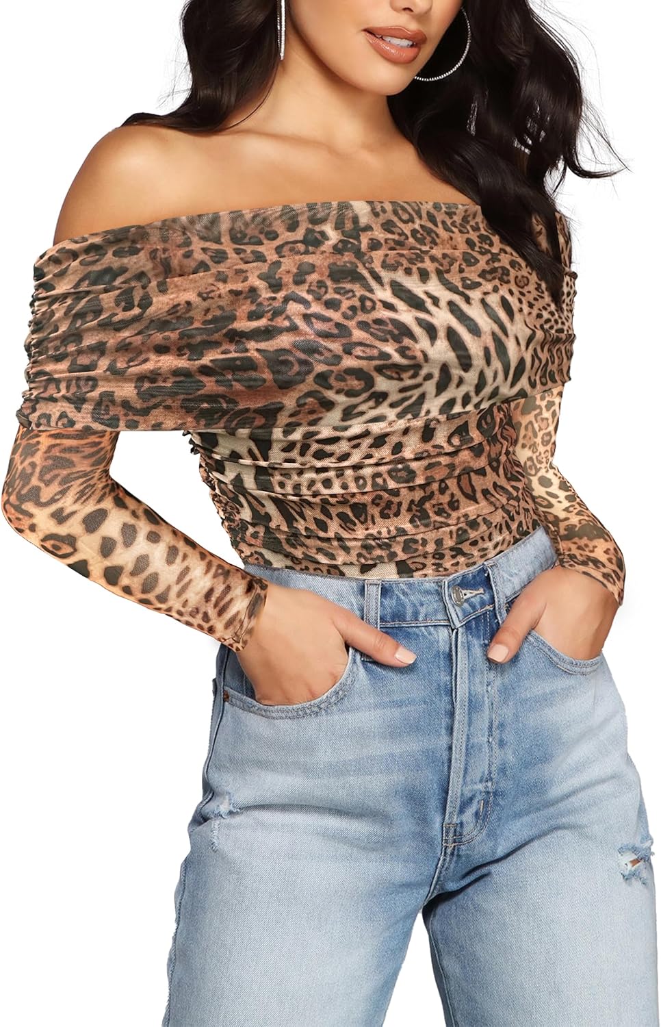 SAUNGKUAI Women's Off The Shoulder Long Sleeve Bodysuit Sexy Slimming Body Suit Tops Sheer Mesh Ruched Fall Outfits 2025