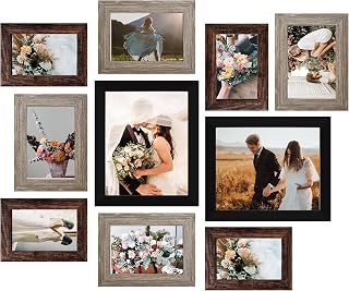 LUCKYLIFE 10-Pack Gallery Wall Picture Frames Collage Set - 8x10 Black, 5x7 Gray, 4x6 Wood Grain Brown for Wall or Tabletop Decor