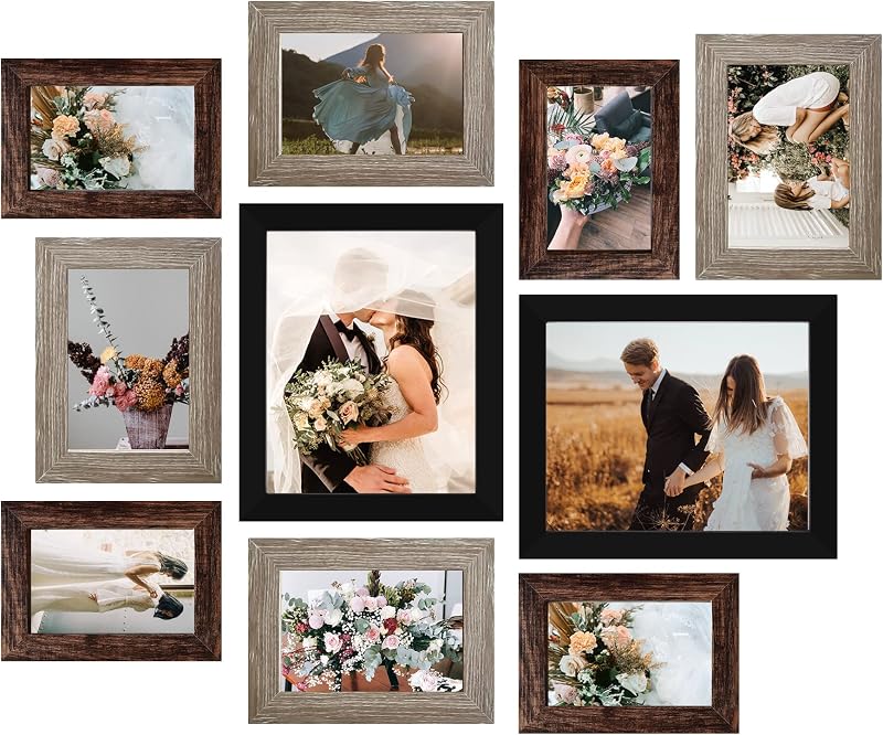 LUCKYLIFE Marcos de fotos Collage decoración de pared, paquete de 10, juego de marcos de pared de galería con marcos de 8x10, 5x7, 4x6 en 3 acabados diferentes
