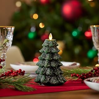 Luminara Christmas Tree Flameless LED Candle, Dark Green 4.7" x 6.5", Moving Flame Battery Operated Timer, Holiday Decor, Glitter Snow Finish Safe