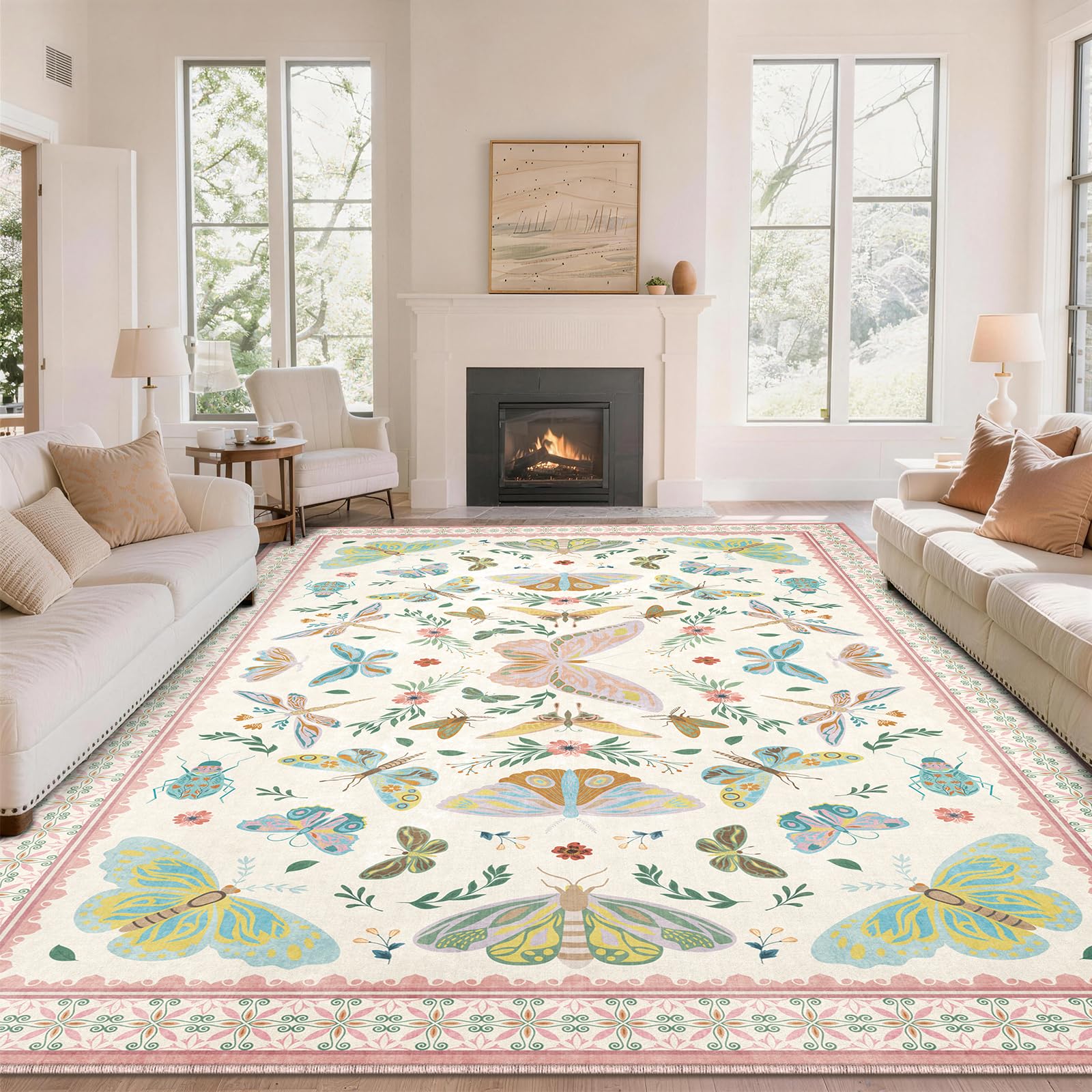 SOANNY Butterfly Rug Living Room, Soft Low Pile Washable Non Slip Area Carpet for Bedroom Kitchen Entryway Beside Sofa Office Dorm, Modern Stain Resistant Mat Floor Decor, 200x290 cm, Beige Pink