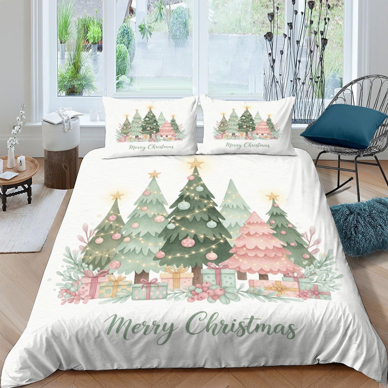 Ctjqhvkz Style-4 3D Printed Christmas Tree Fitted Sheet Microfiber Soft Festive Bedroom Decor Merry Christmas Bed Cover Single（135X200cm）