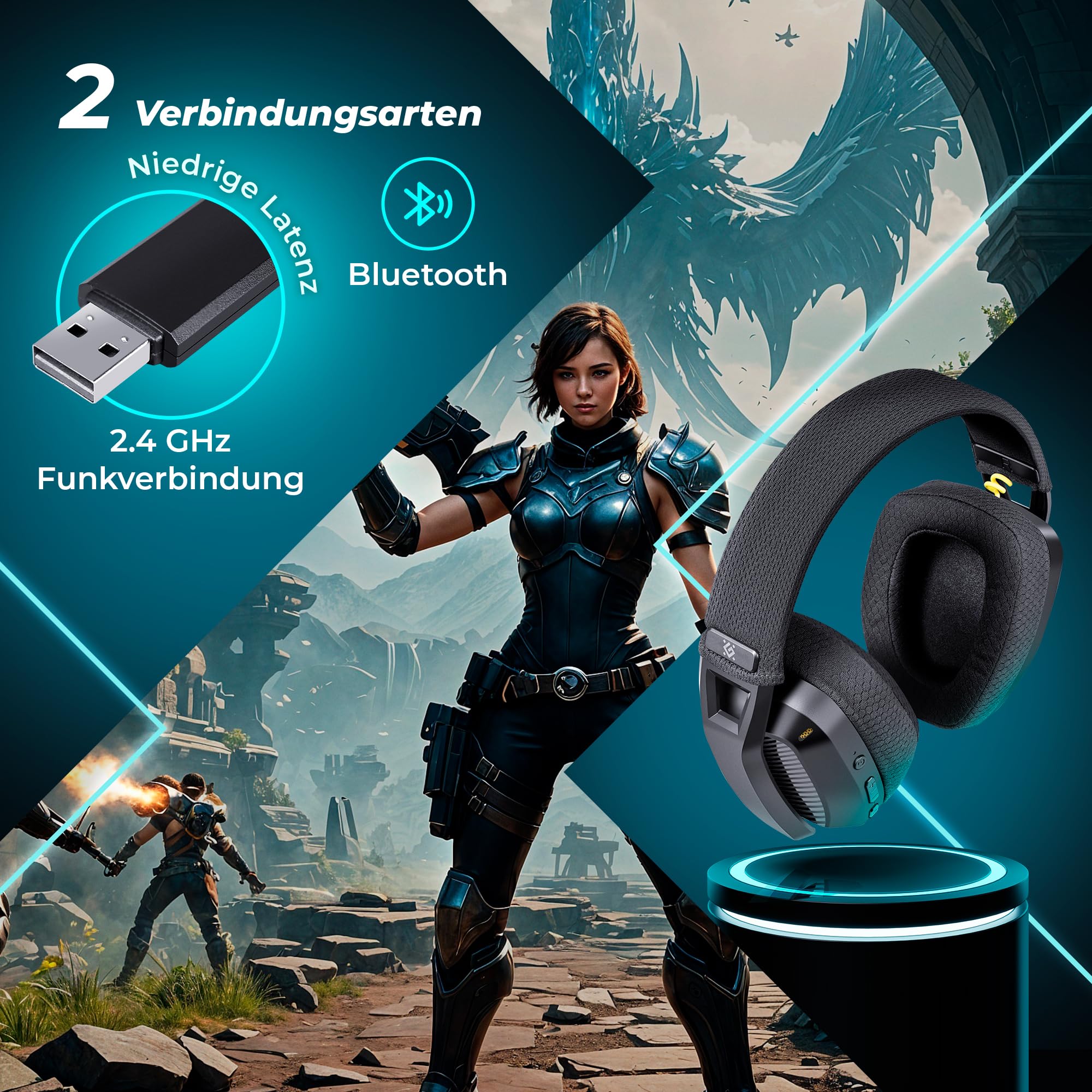 Defender® Orion Wireless Gaming Headset, bis 63h Akkulaufzeit, 2.4GHz+BT(≤30ms), 7.1 SurroundSound,Kopfhörer Mit Mikrofon mit Noise-Cancelling, Kompatibel für PS5/PS4/Switch, PC Headset, Schwarz - 3