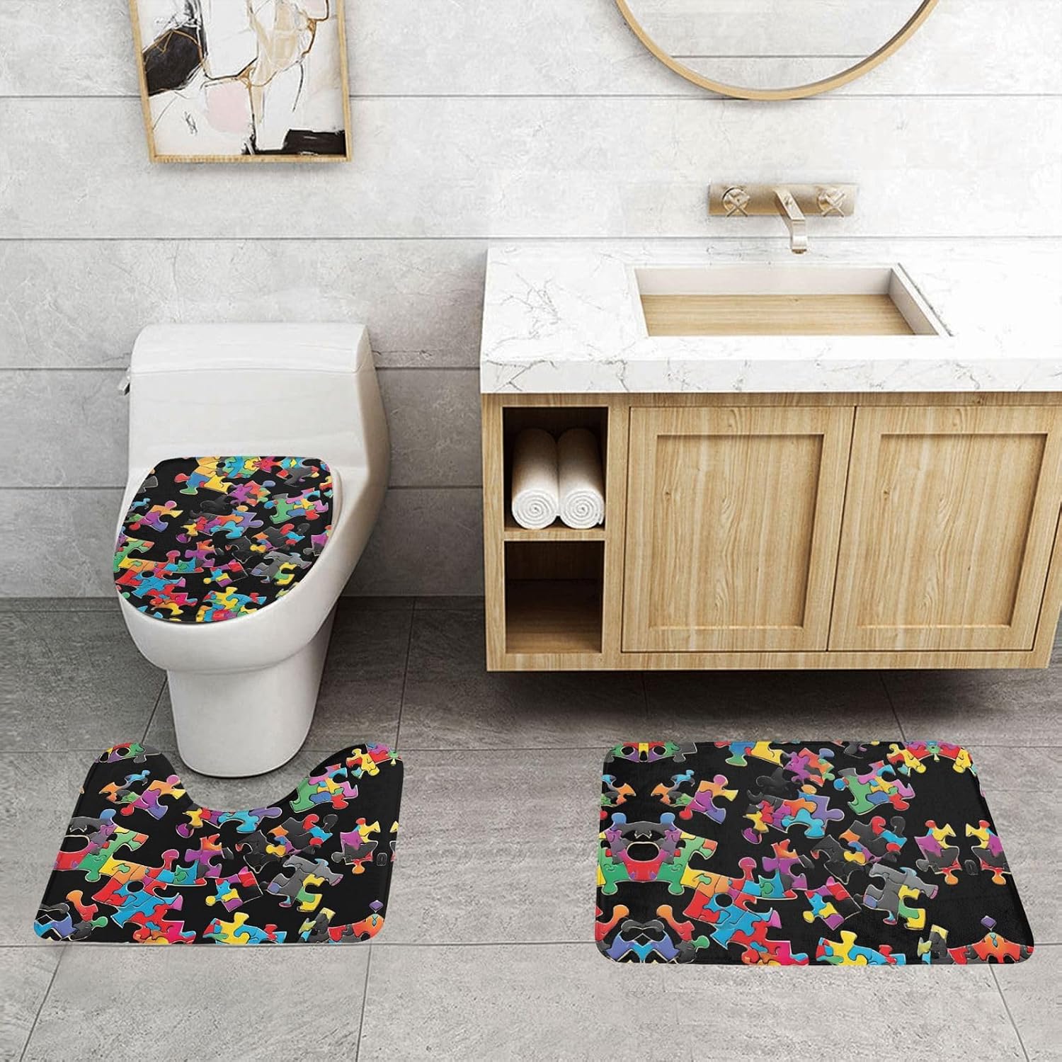 Autism Awareness Puzzle Pieces Heart Print 3 Piece Bathroom Rugs Set, Soft Absorbent Flannel Mats with Non-Slip Backing for Bath Tub Floor