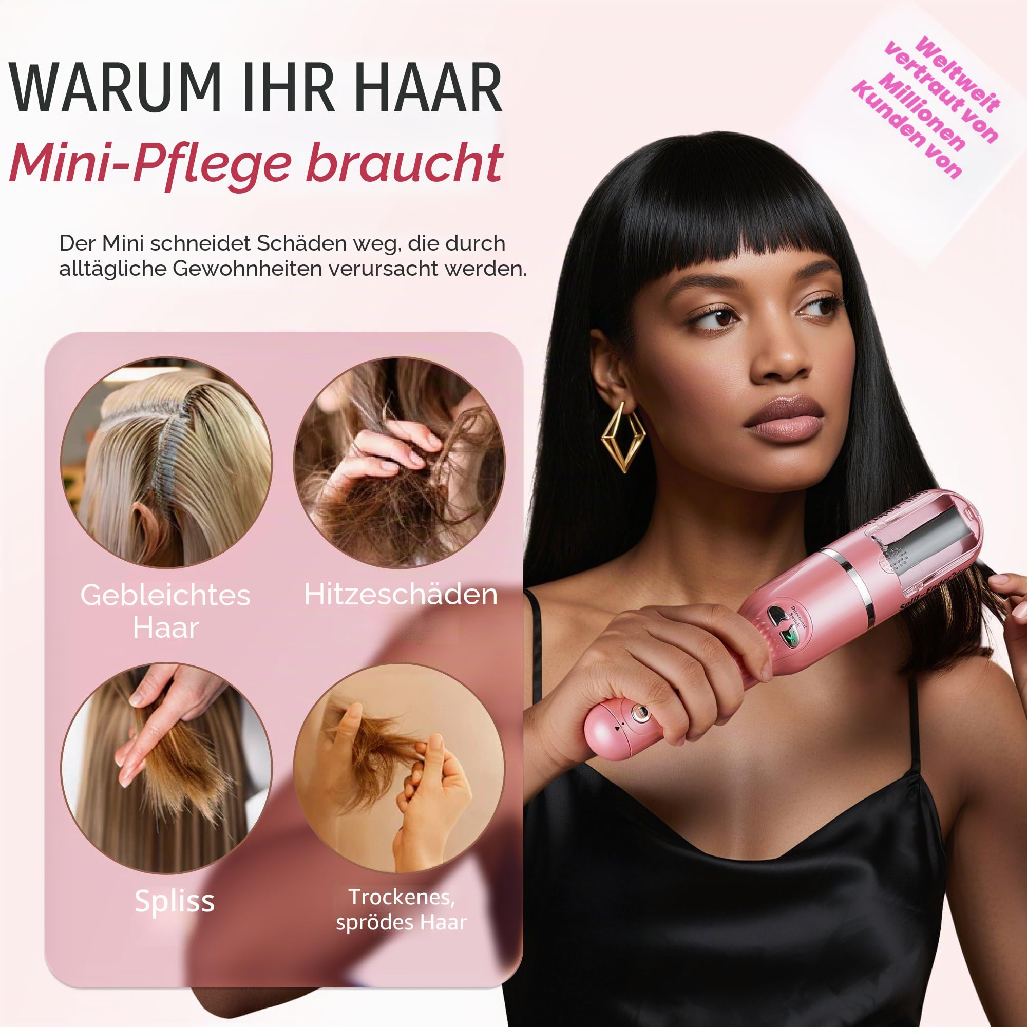 Split Ender Mini - Haarschneider für gespaltene Spitzen | Für trockenes, strapaziertes, brüchiges, glattes, lockiges und krauses Haar | Haarpflege- und Schönheitsstyling-Werkzeuge - Hellrosa