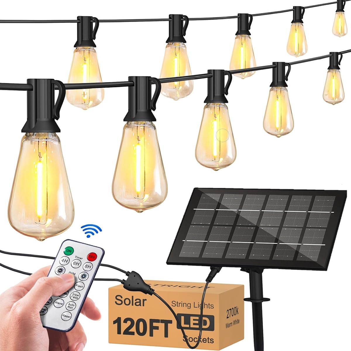 Stright Solar String Lights 120FT with Remote, 30 Sockets, Warm White LED,