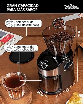 La Moustache - Molinillo de Café Eléctrico 200W con Mecanismo Plano de Acero Inoxidable 190g | 25 Grados de Molido【Bajo Ruido】Contenedor Transparente, Temporizador y Cepillo (GrindMaster Black)2