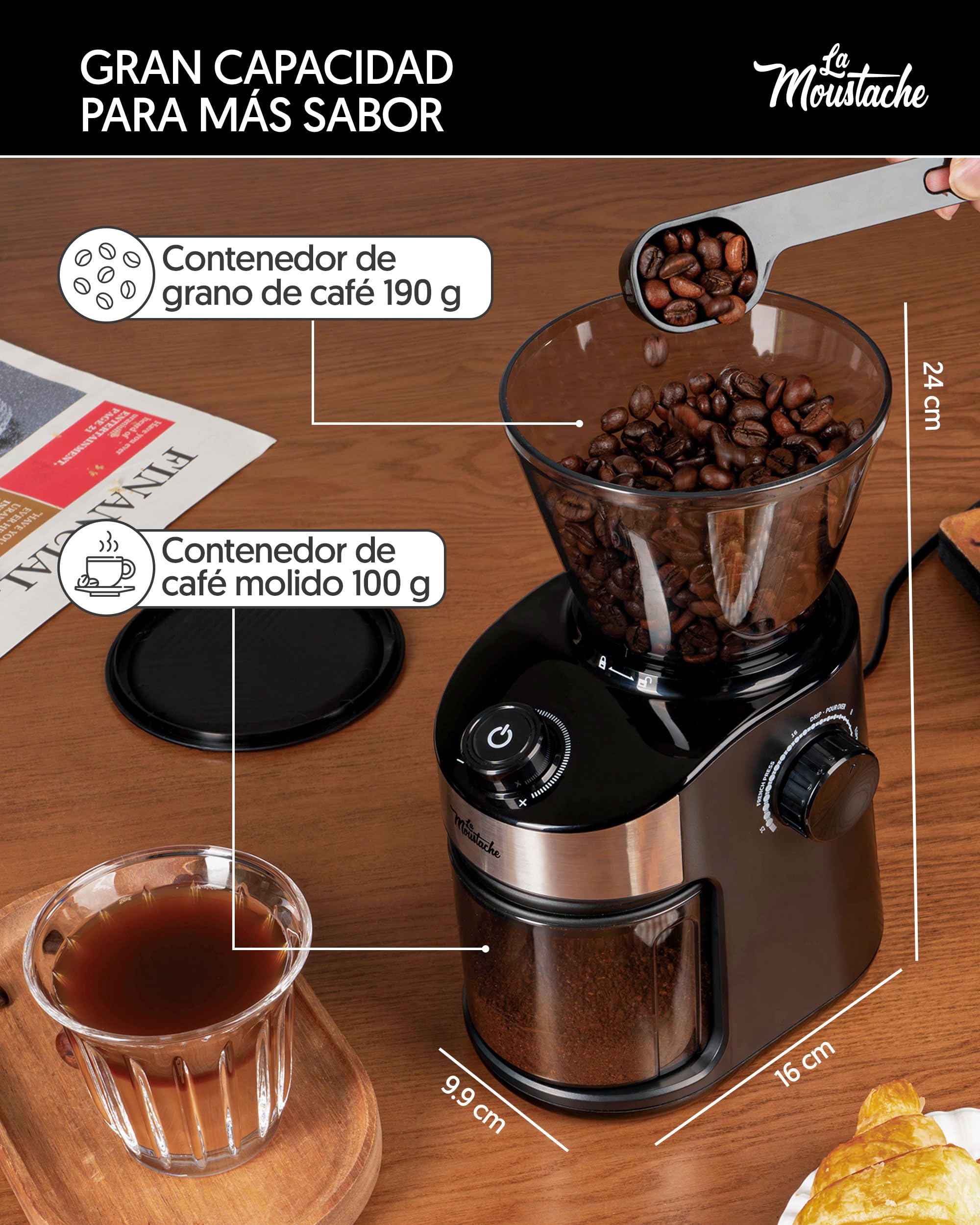 La Moustache - Molinillo de Café Eléctrico 200W con Mecanismo Plano de Acero Inoxidable 190g | 25 Grados de Molido【Bajo Ruido】Contenedor Transparente, Temporizador y Cepillo (GrindMaster Black)