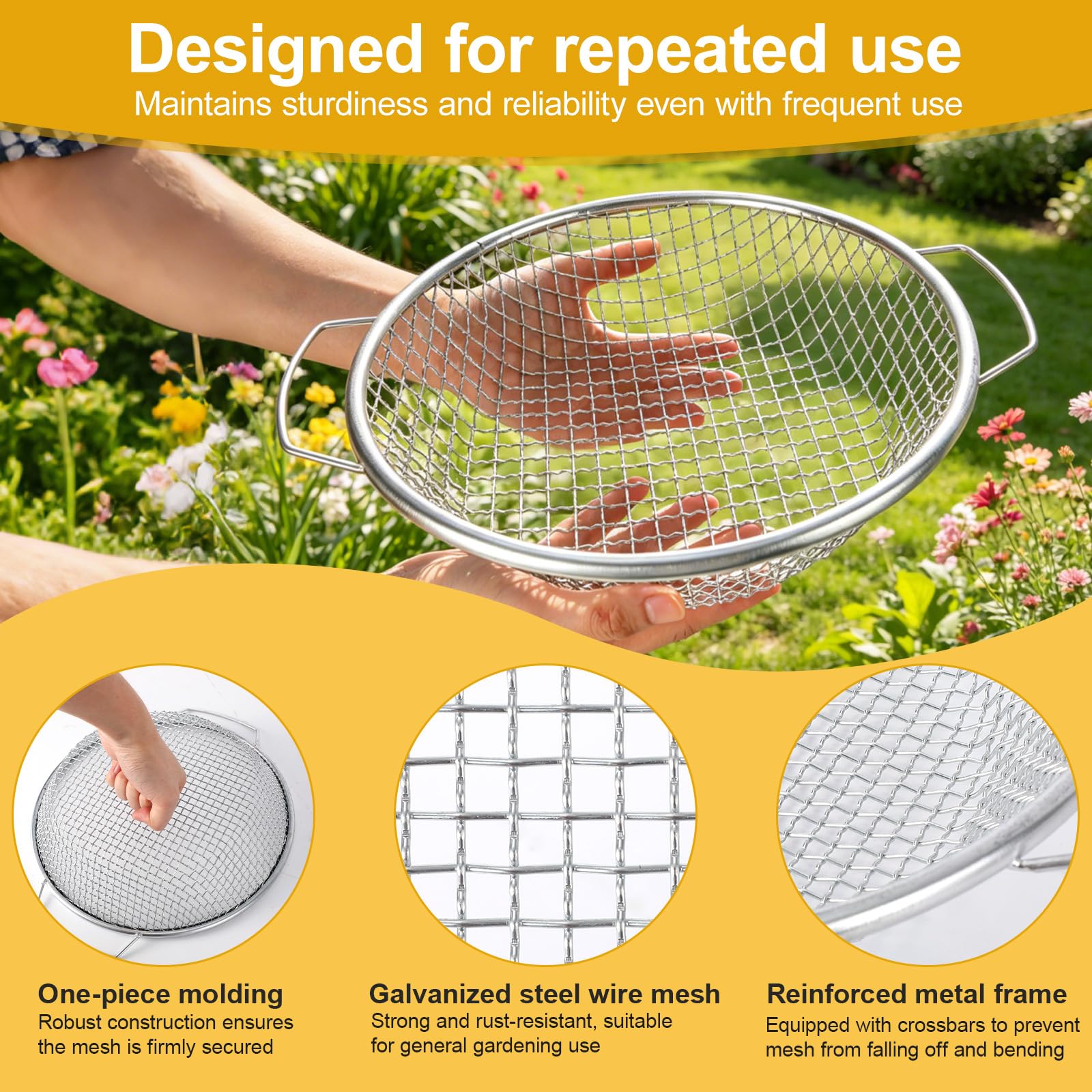 Lot de 4 Tamis Jardinage, Mailles de 3/6/8/10 mm avec Bac et Plateau Tamisage Robustes pour Sable Pierres Compost Gravier et Sciure Idéal pour Le Sable Les Pierres Le Compost la Sciure Bois