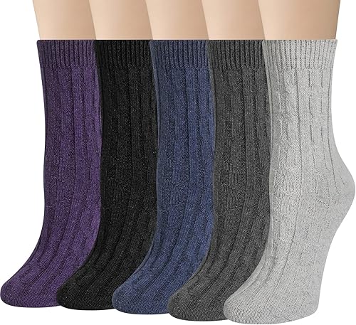 Loritta - Paquete de 5 pares de calcetines de invierno para mujer, calcetines de lana de tejido grueso, suaves y cálidos, estilo retro e informal,