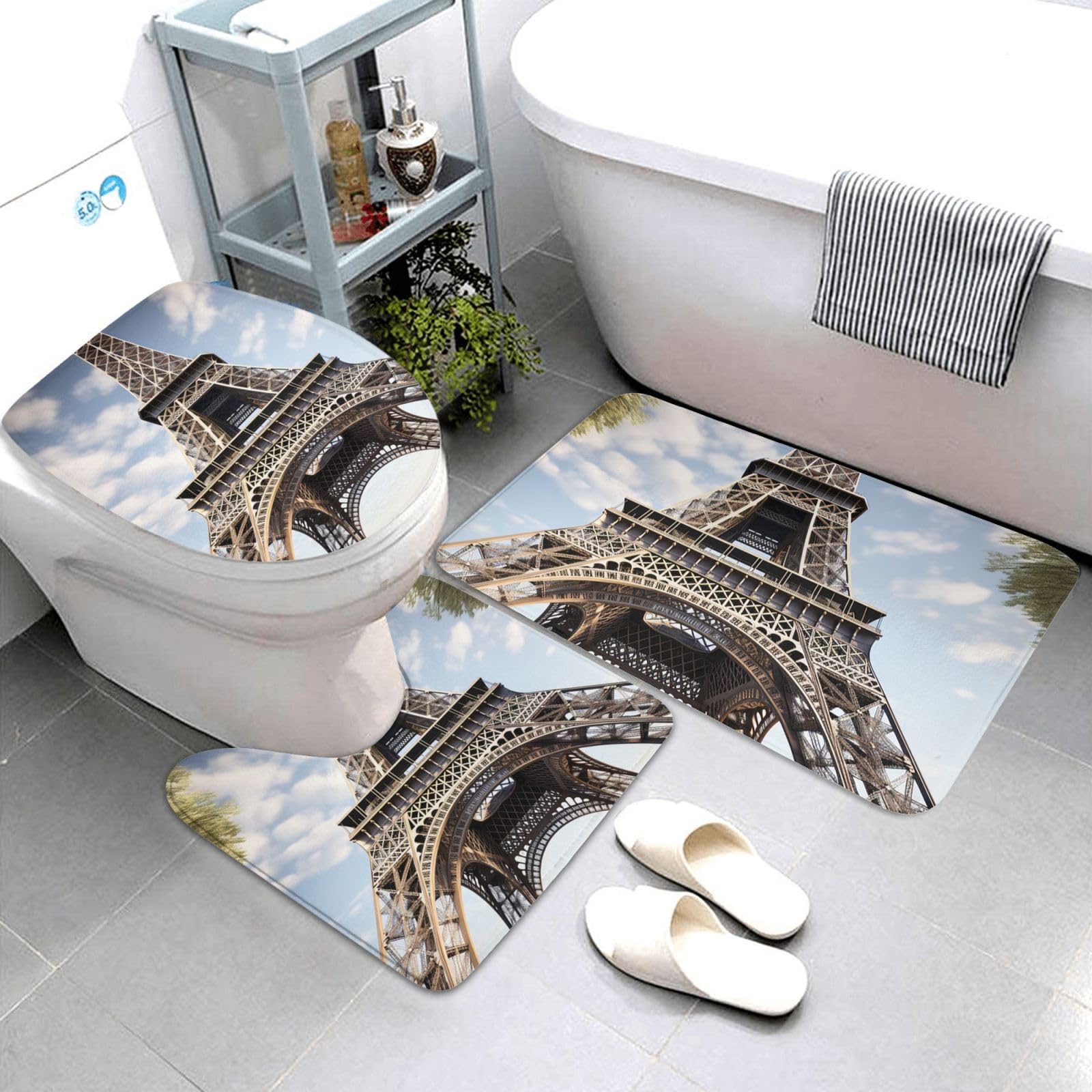 Dwrepo Eiffel Tower French Paris Monument Print Bathroom Rug Set 3 Piece with Non-Slip U-Shaped Contour Mat and Toilet Lid Cover for Bathroom Decoration