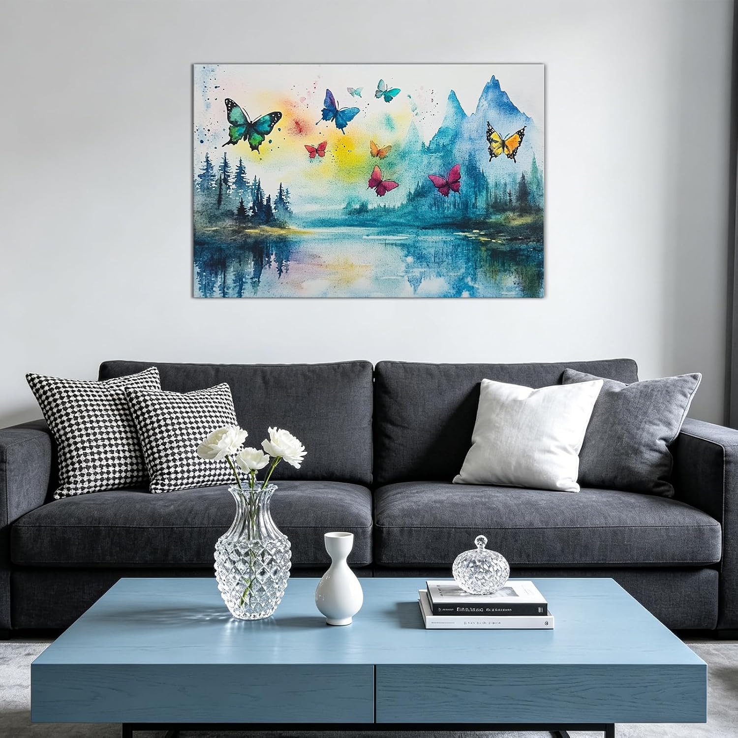 GLOKAKA Watercolor Butterflies Canvas Wall Art Mountain Lake Nature Landscape Pictures Colorful Butterfly Painting for Living Room Bedroom Bathroom Decor(Artwork-2,28"x42")