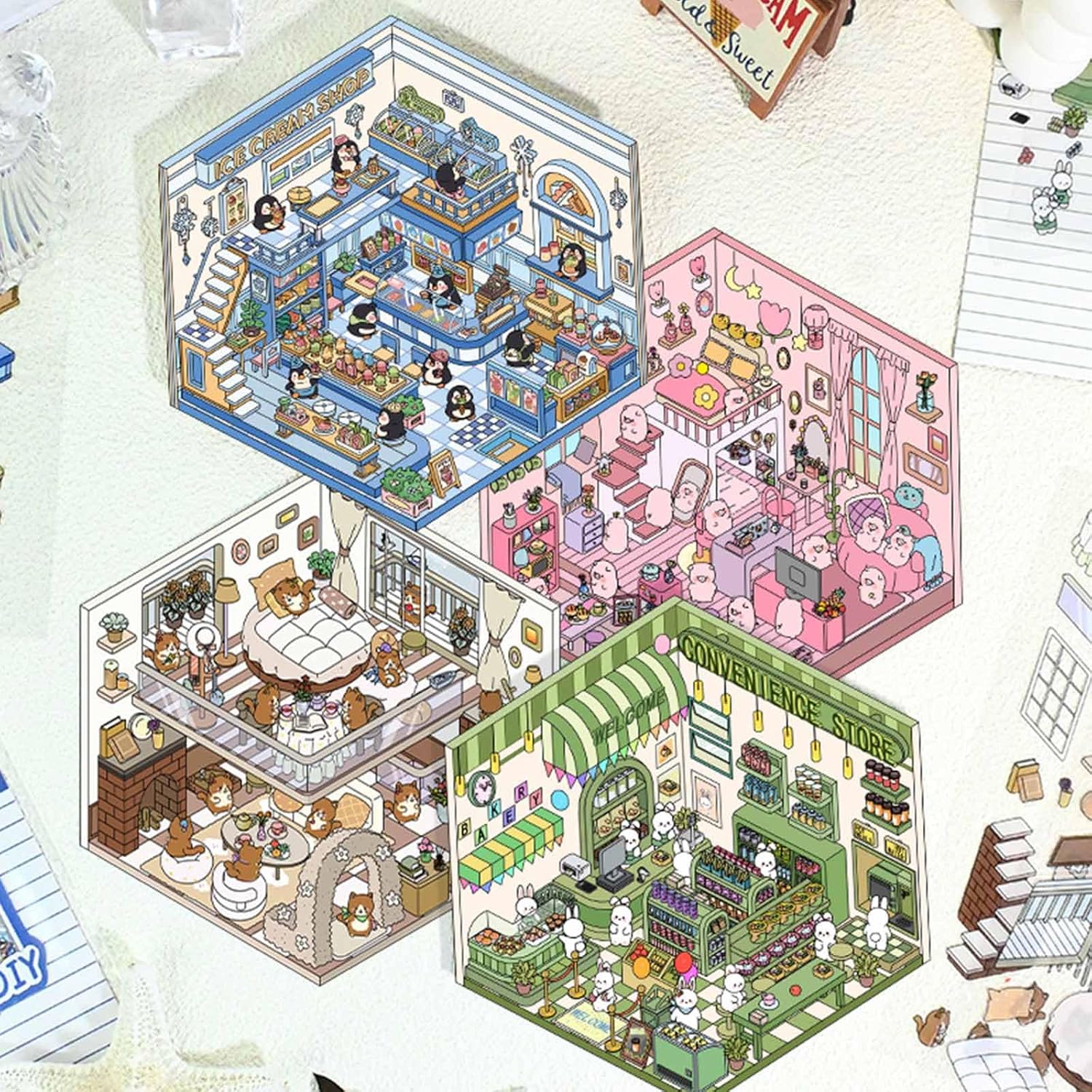 Cute 3D Scene Stickers for Kids,4 Sets DIY 3D House Scene Stickers,Icecream Shop Living Room Dessert Shop,3D Cartoon Handcraft Sticker Set,Handcraft Gifts for Kids Adults Party Favors (Blue)