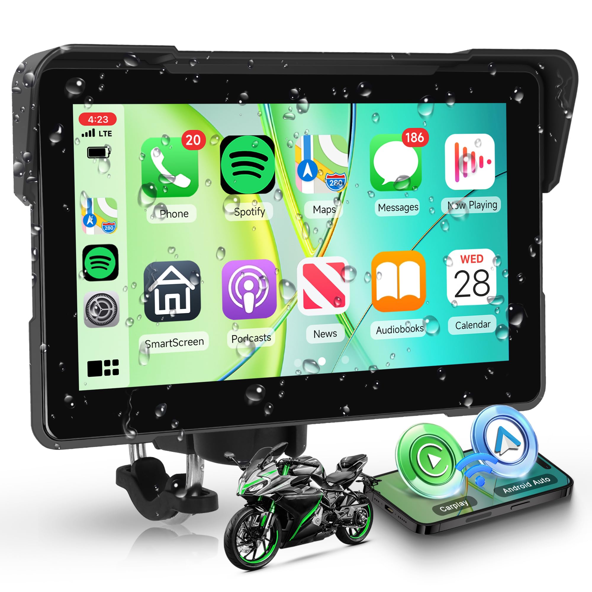 7 Inch Motorcycle CarPlay Screen Portable Wireless Carplay Android Auto for Motorbike IP68 Waterproof Touchscreen, Supports Airplay &amp; Android Cast, GPS Navigation, Bluetooth, EQ