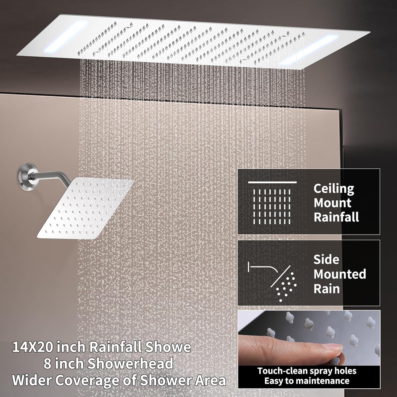 Shower System Chrome Shower Faucet Set with 14X20 inch Ceiling Shower and 8 inch Shower Head, Handheld Shower, with Temperature Display Function