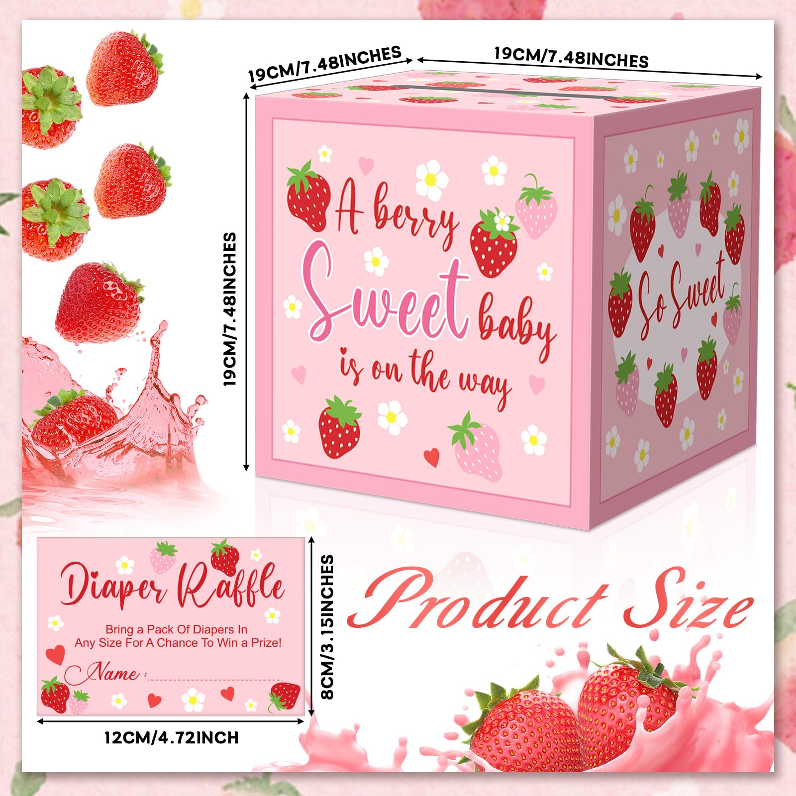 51Pcs Pink Strawberry Diaper Raffle Tickets with Box Strawberry Baby Shower Game Kit Party Decors Favor A Berry Sweet Baby Is On The Way Holder Box for Girl Boy Gender Reveal Party Invitation Supplies