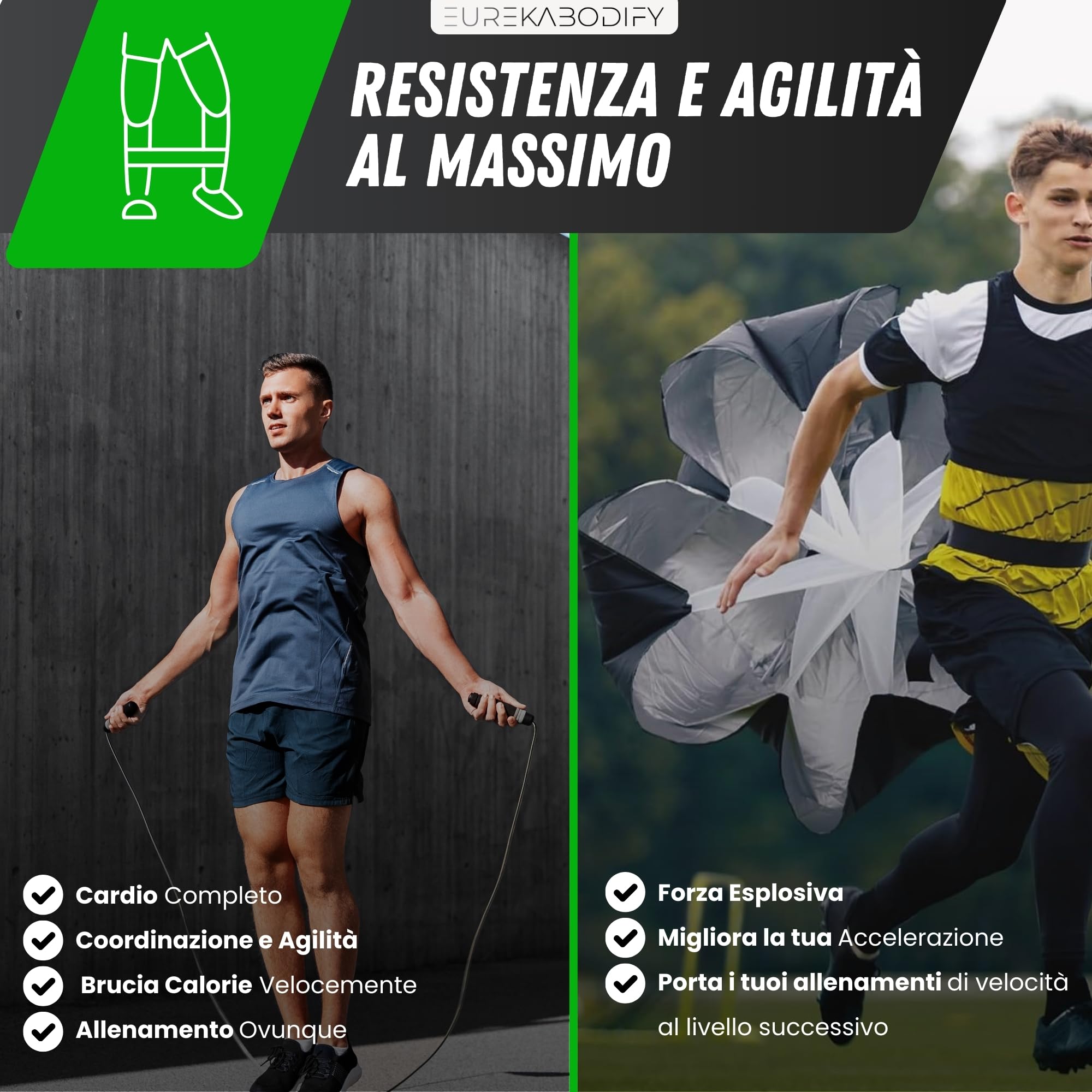 Kit Allenamento Calcio e Agilità - 10 Cinesini - Scala di Agilità 6m - Paracadute Allenamento - 3 Bande Elastiche di Resistenza - Corda per Saltare - Borsa da Trasporto