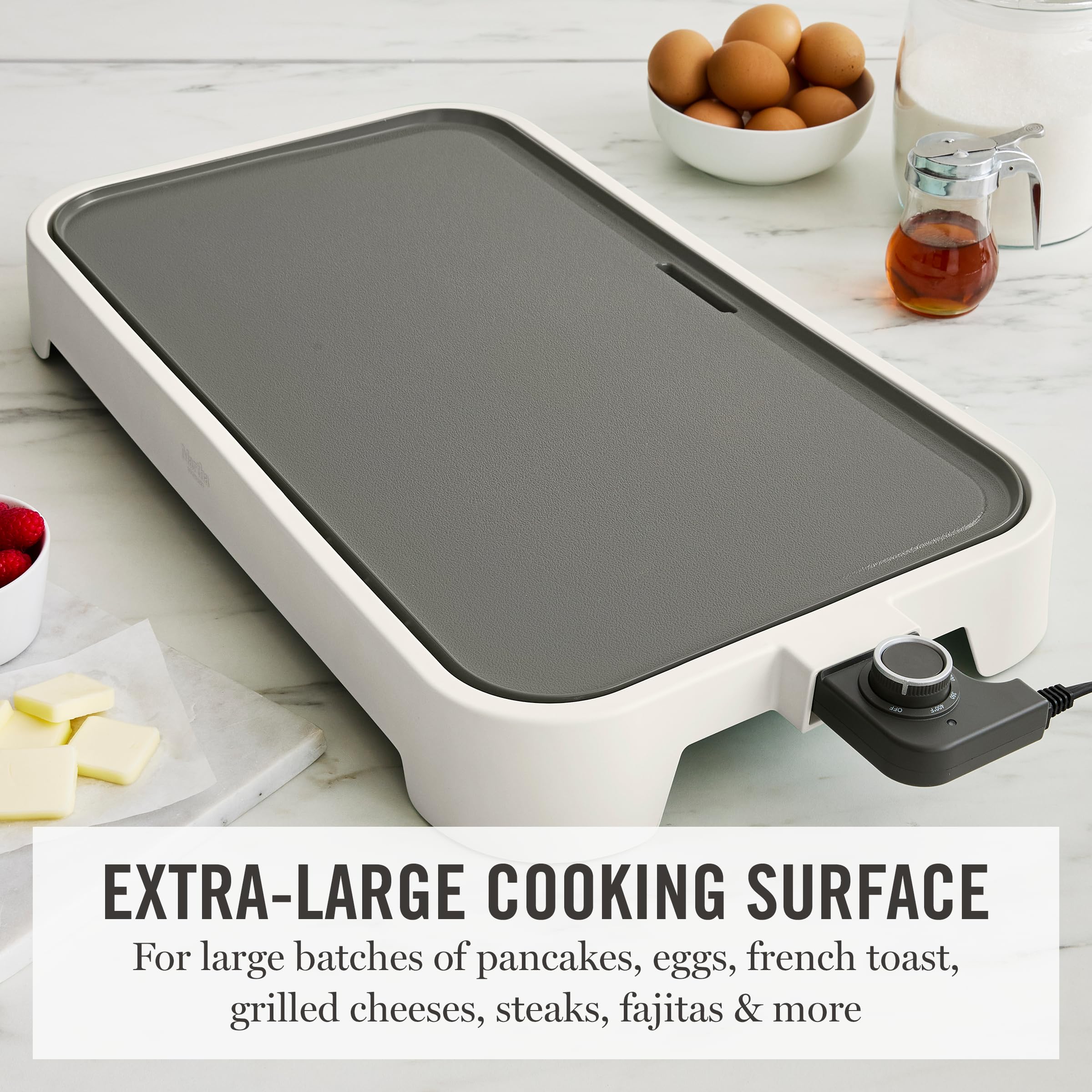 Martha Stewart 12” x 22” Electric Griddle, XL Ceramic Nonstick Flat Top Cooking Surface, Adjustable Temperature Dial, Drip Tray, Dishwasher Safe, 1500W Fast Even Heating, Pancakes & Eggs, Linen White - 4