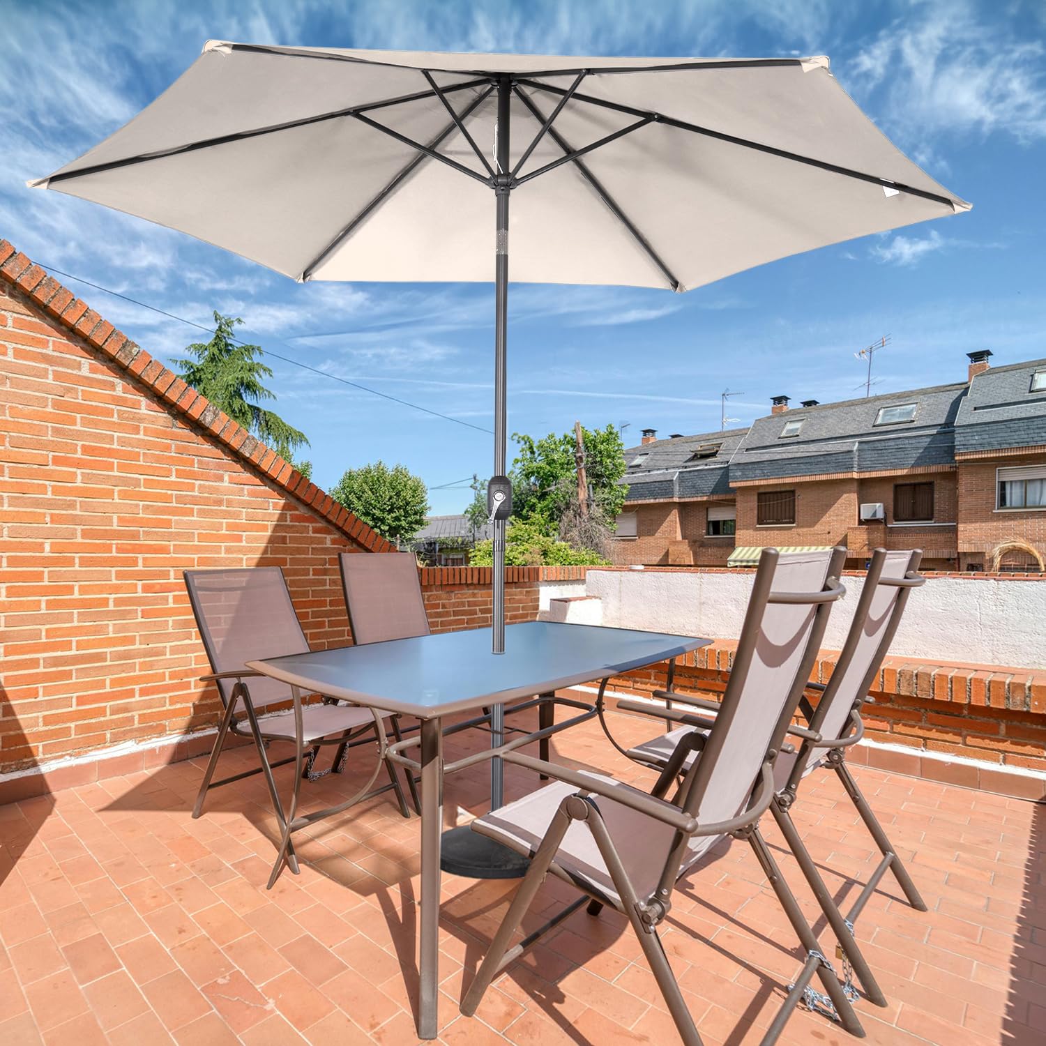 Angel Living 300cm Parasol de Acero con Inclinación, con Manivela, Sombrilla con Mástil de Acero de 38mm para Patio Terraza Playa (Beige Claro)