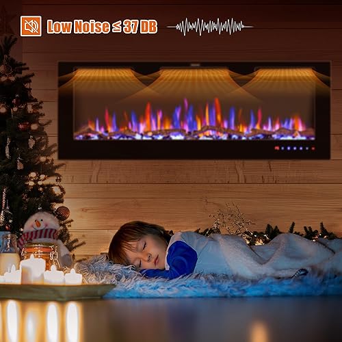 Miniatura 4 de Insertos de chimenea eléctrica de 50 pulgadas  Chimenea empotrada y calentador de chimenea de pared, chimenea flotante de imitación montada en la