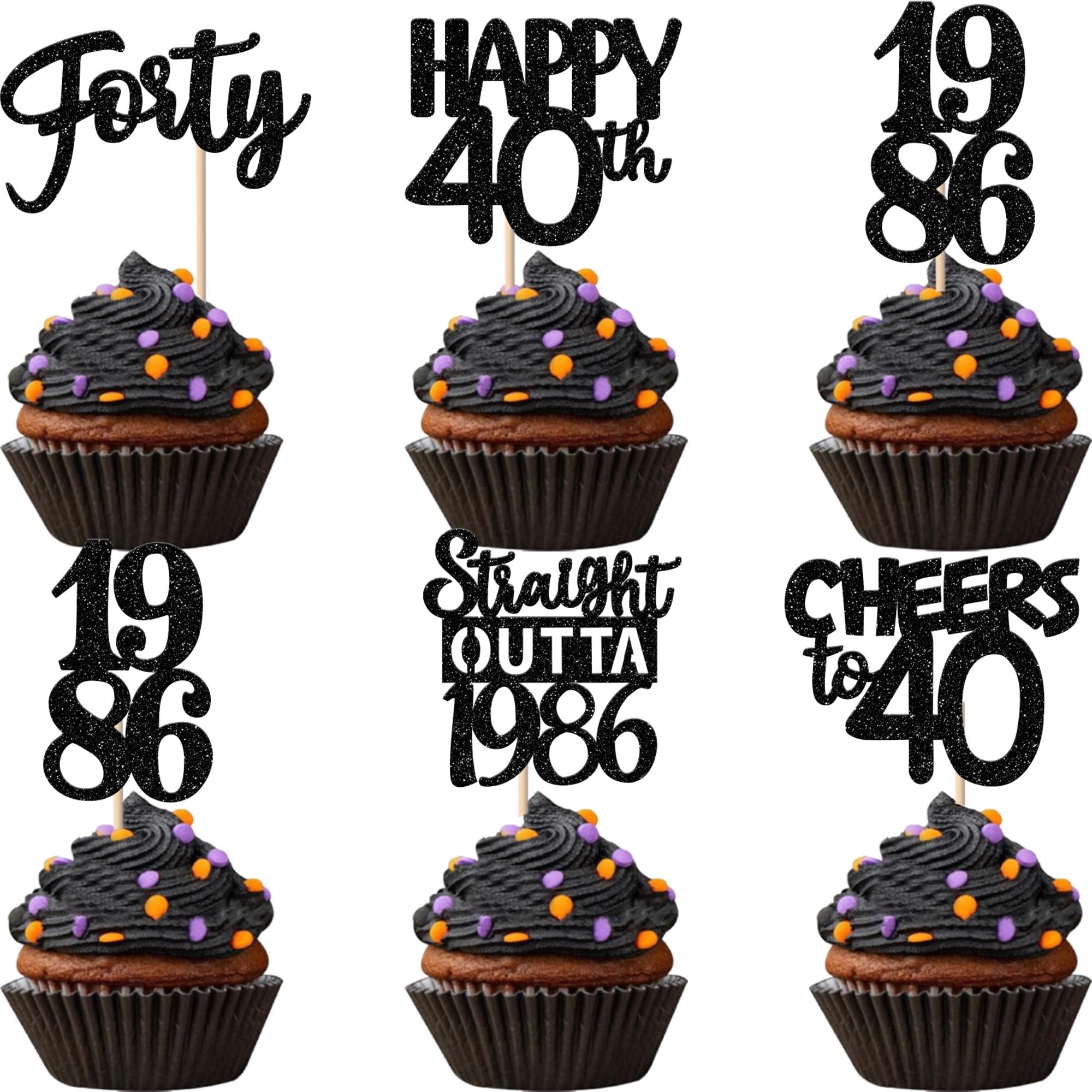 Xsstarmi 30 Pack Happy 40th Birthday Cupcake Toppers Black Glitter Forty Straight Outta 1986 Cupcake Picks for Cheers to 40 Years 40th Birthday Anniversary Party Cake Decorations