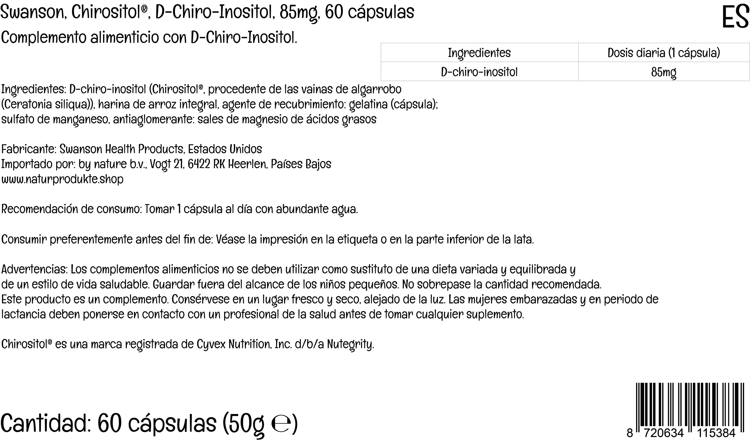 Swanson D-Chiro-Inositol, 85mg, 60 capsule, Testato in Laboratorio, Senza Soia, Senza Glutine, Non OGM