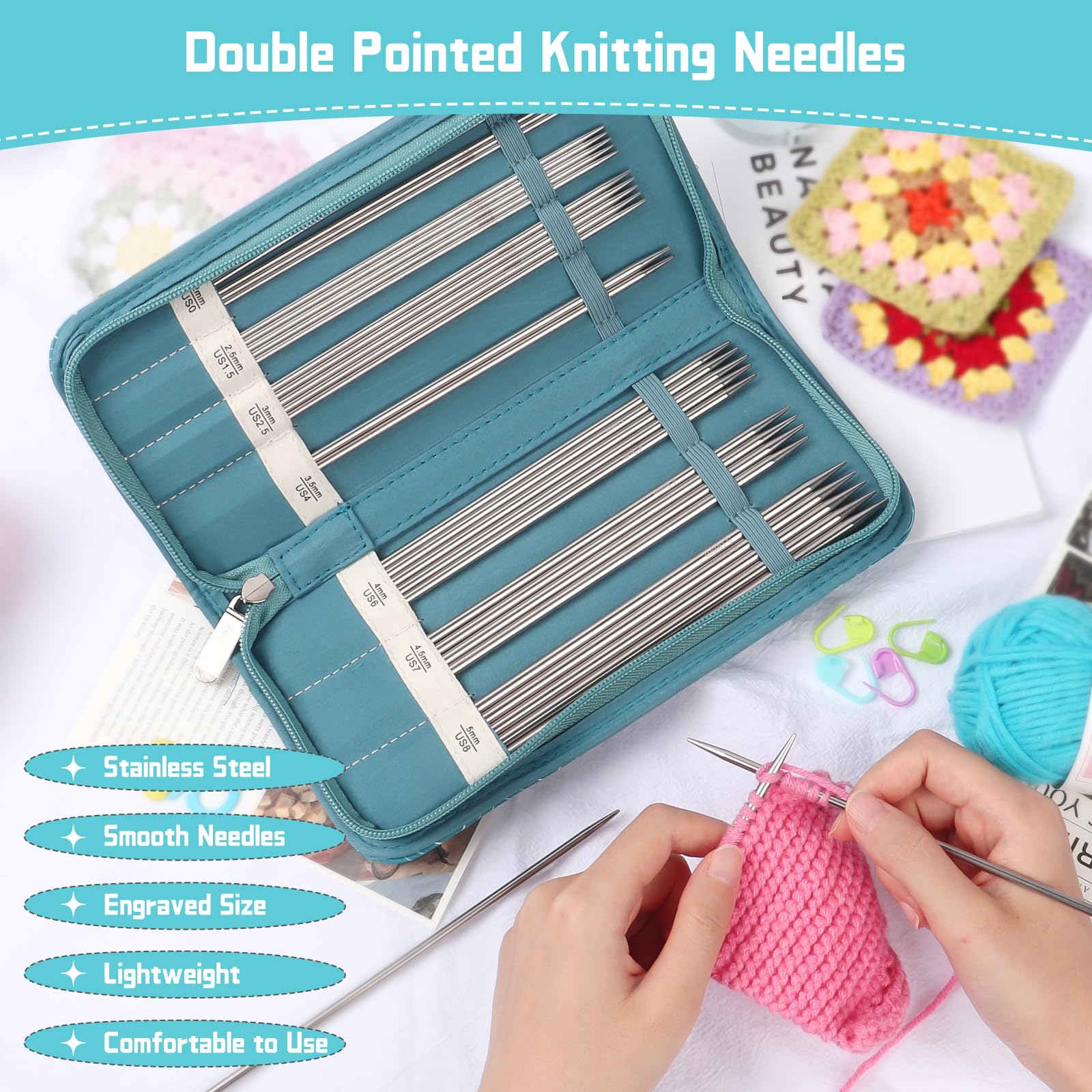 Aeelike Double Pointed Knitting Needles Set, 20cm Stainless Steel Short Double Ended Knitting Needles Set including Case - Image 3