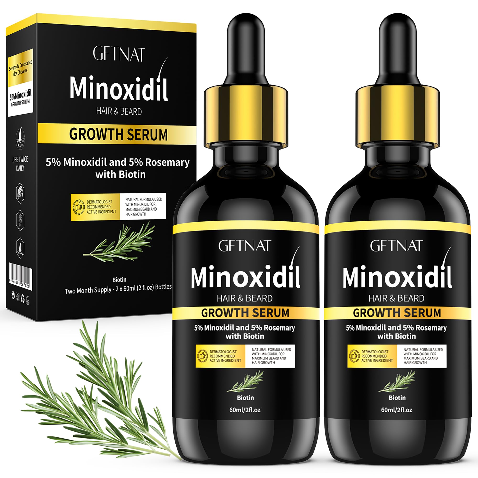 5% Minoxidil with Rosemary and Biotin for Men and Women Hair Growth,Beard Growth Kit,Scalp Serum for Thicker Fuller Hair