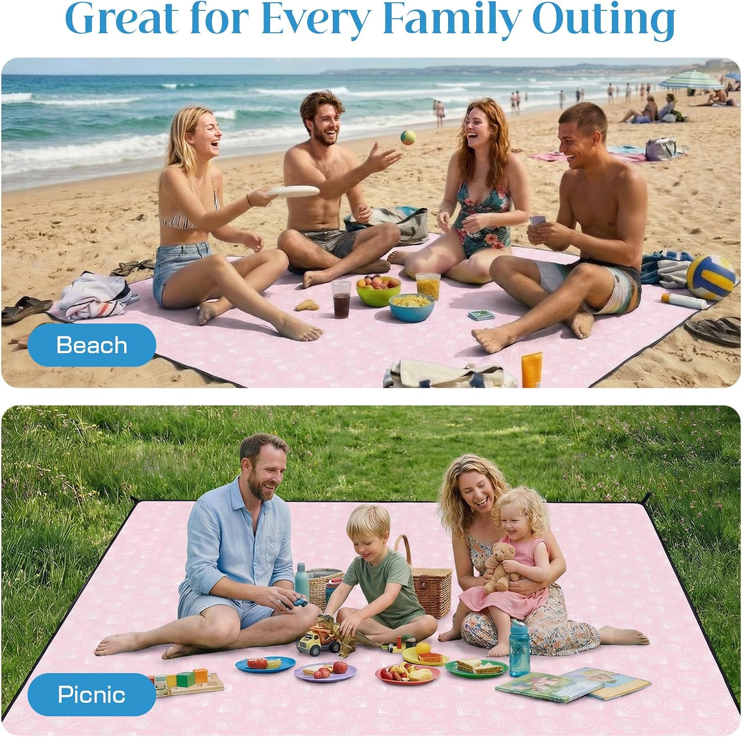 OIGAE Family Beach Blanket, 7×8 ft Sand-Free Picnic Mat for 1–4 People, Quick-Dry Lightweight Outdoor Blanket with Stakes & Corner Pockets, Shell, Pink