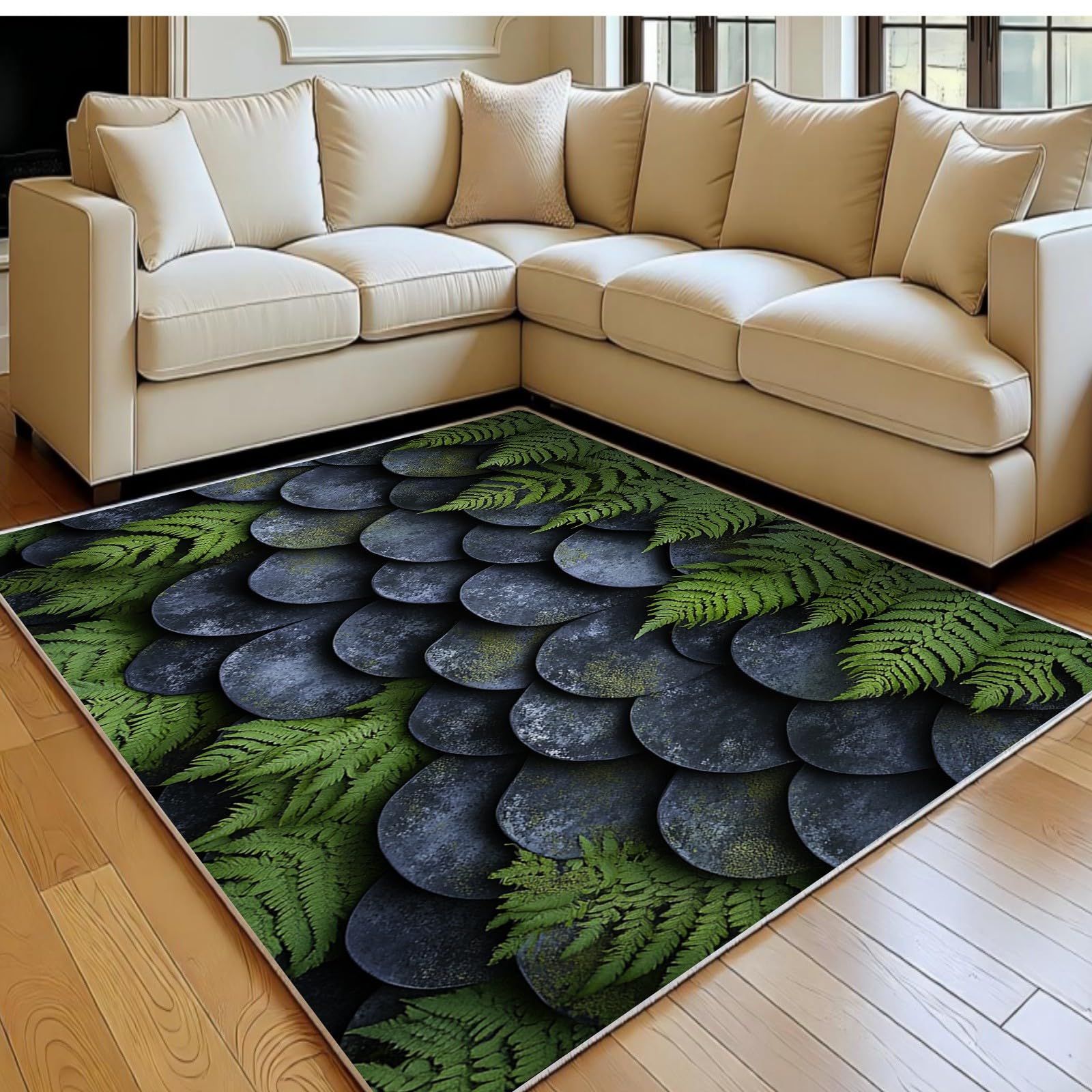 Tapis de salon 120 x 180 cm vert avec motif de fougère abstraite