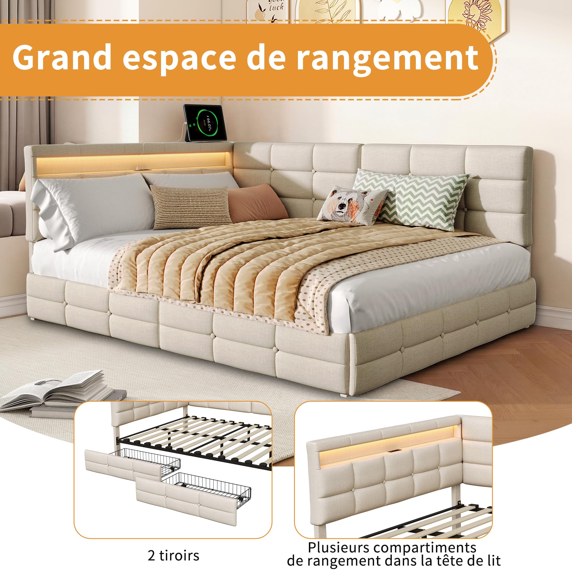 Letto Contenitore 140x190 con 2 Cassetti, Letto Imbottito Matrimoniale con Illuminazione a LED e USB, Divano Letto con Rete a Doghe per Soggiorno, Camera da Letto