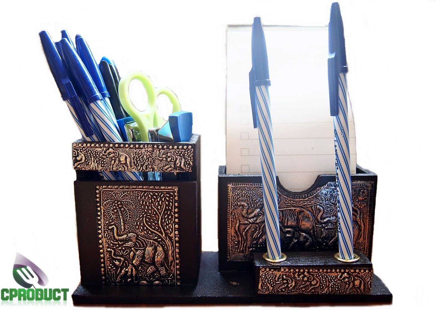 CProduct Office Desk Supplies Organizer Wood Classic Elegance with Silver Plate Carving, Black