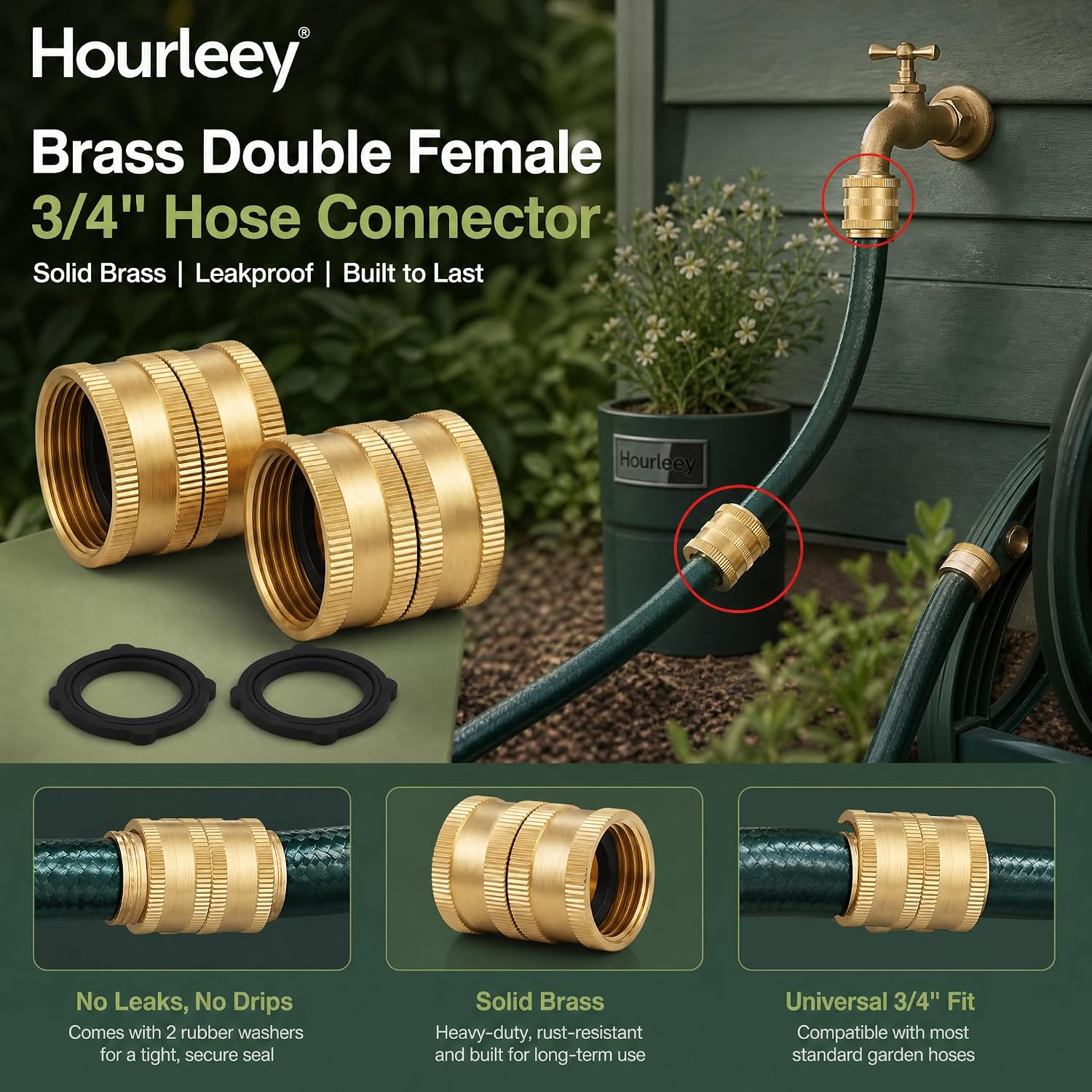 Hourleey Garden Hose Adapter, 3/4 Inch Solid Brass Hose Connectors, 2 Pack Hose Connector with 2 Extra Washers (Female to Female) image 5