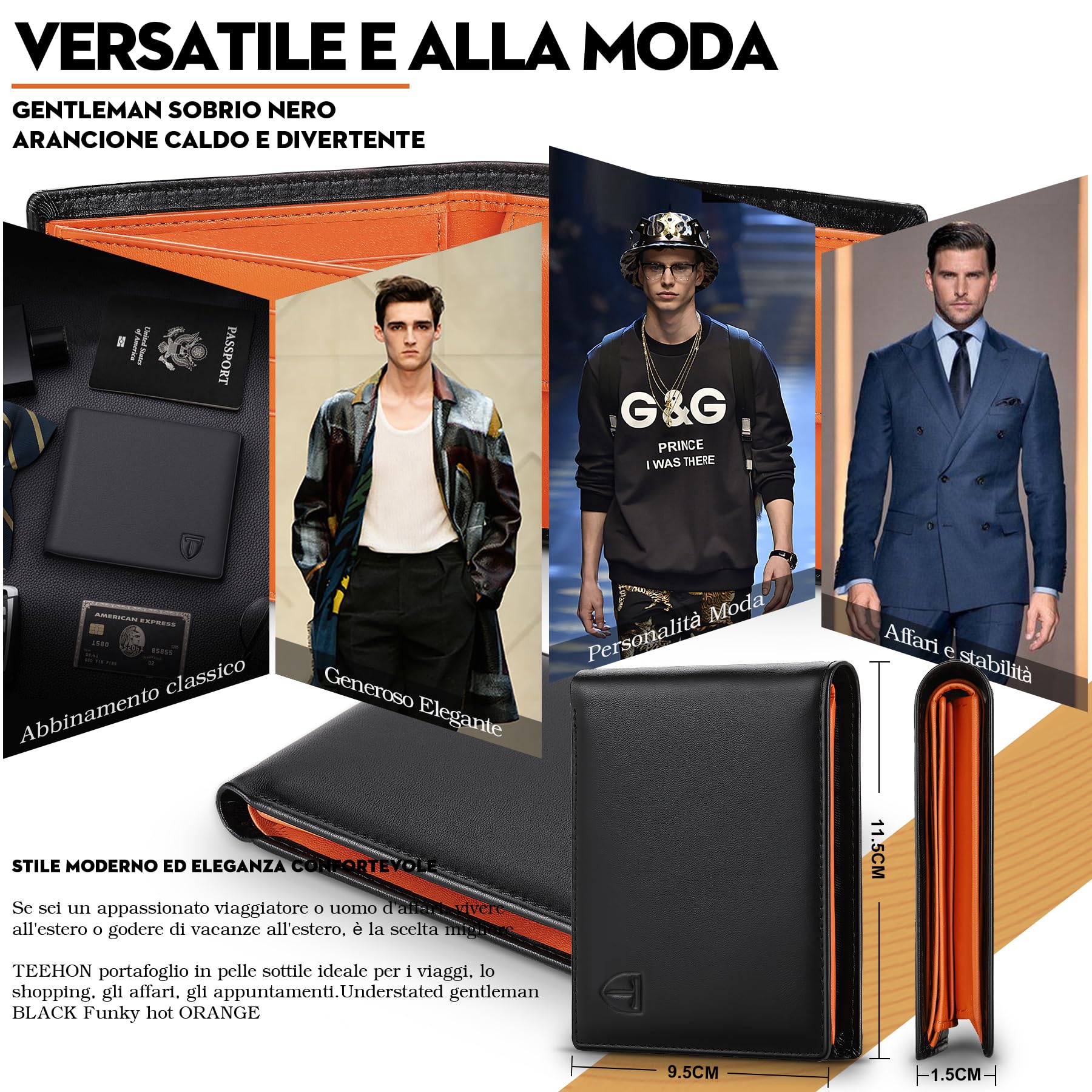 TEEHON® Portafoglio Uomo Slim Vera Pelle Blocco RFID, con Tasca Portamonete,2 Scomparti Banconote,10 Porta Carte di Credito, Portachiavi. Portafogli Piccolo Sottile-nero e arancione