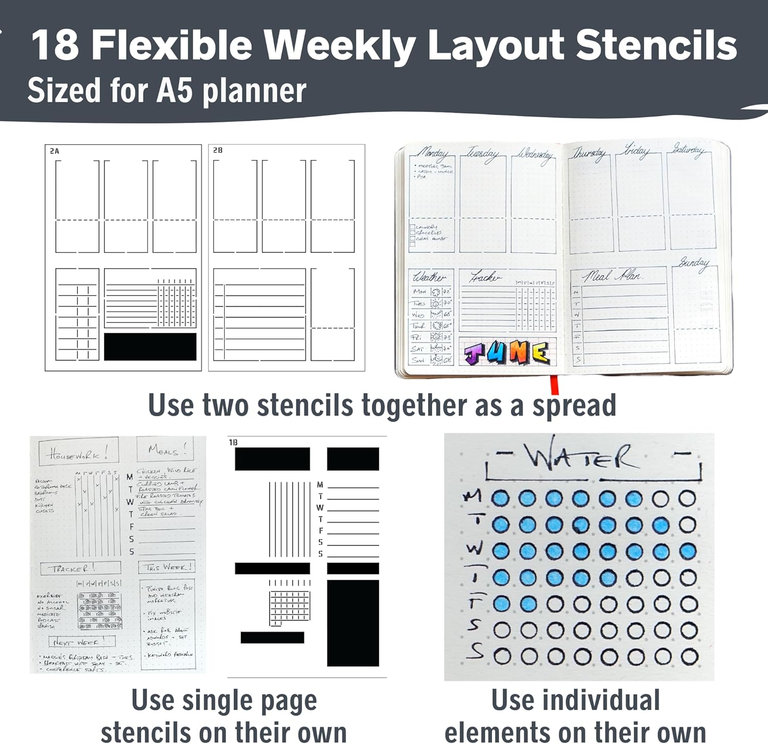 Weekly Planner Layout Journaling Supplies Kit with Storage Case - 18 Weekly Layout A5 Planner Stencils, 14 Sheets Minimalist Planner Stickers, Journal Case with 2 Removable Storage Pouches