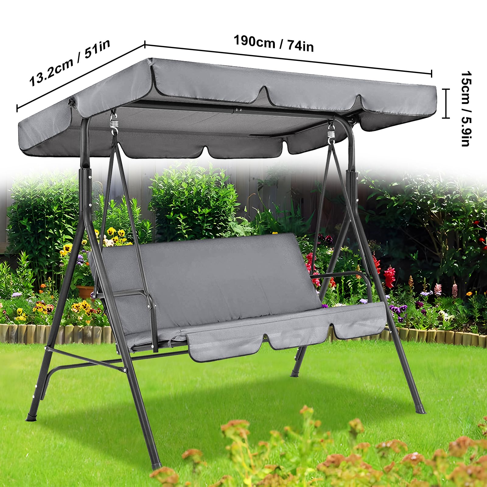 Cubierta de Toldo para Columpio,195 * 125cm Toldo Recambio Balancin Jardin,Techo de Repuesto para balancín Exterior Anti Rayos UV,Toldo de Balancín de Jardín de 3 Plazas Impermeable(Gris)