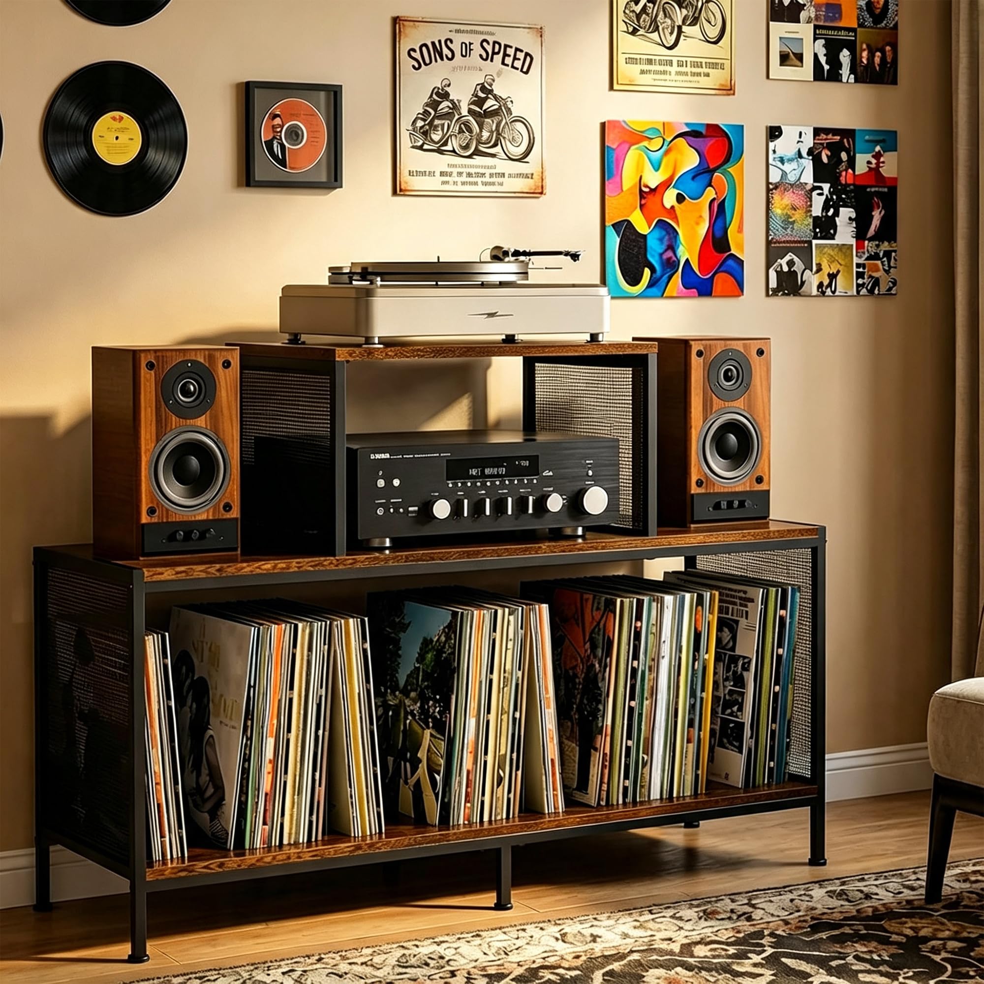 Meuble Platine Vinyle, Rangement 350 Disque, Support Tourne-Disque - Les Beatles, Paul McCartney, John Lennon, RIngo Starr, George Harrison Meuble Platine Vinyle, Rangement 350 Disque, Support Tourne-Disque