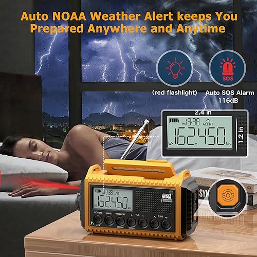 Miniatura 47 de Radio meteorológica de emergencia, manivela solar, funciona con pilas, radio de onda corta AM FM portátil con alerta NOAA, linterna, lámpara