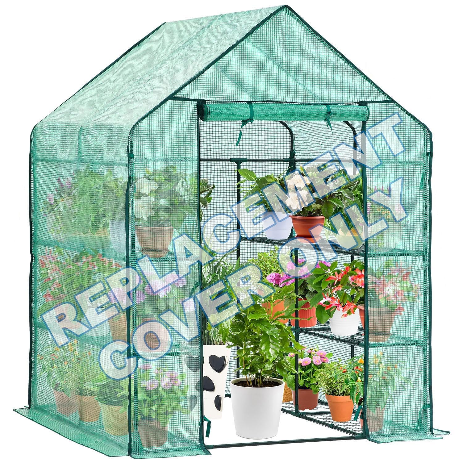 Replacement Reinforced Green PE Cover for Large Walk-In Greenhouse - Heavy Duty 130gsm with 2 Mesh Windows - Weatherproof Spare Cover for Outdoor Garden Growhouse - W143 x D143 x H195cm