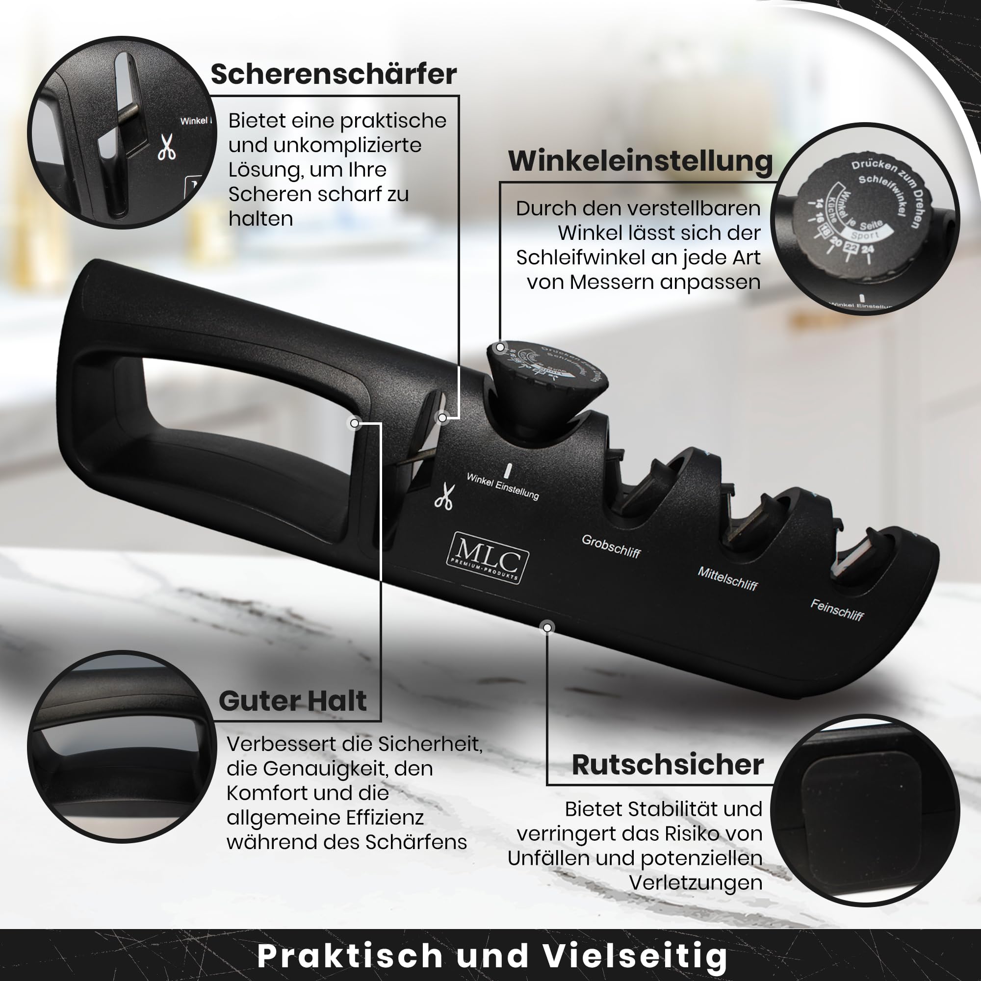 MLC Messerschärfer der 4-in-1 – Messerschleifer mit einstellbarem Winkel für Messer & Scheren, zuhause einfach Messer schärfen und schleifen, manueller Schleifstein/Wetzstahl ersatz