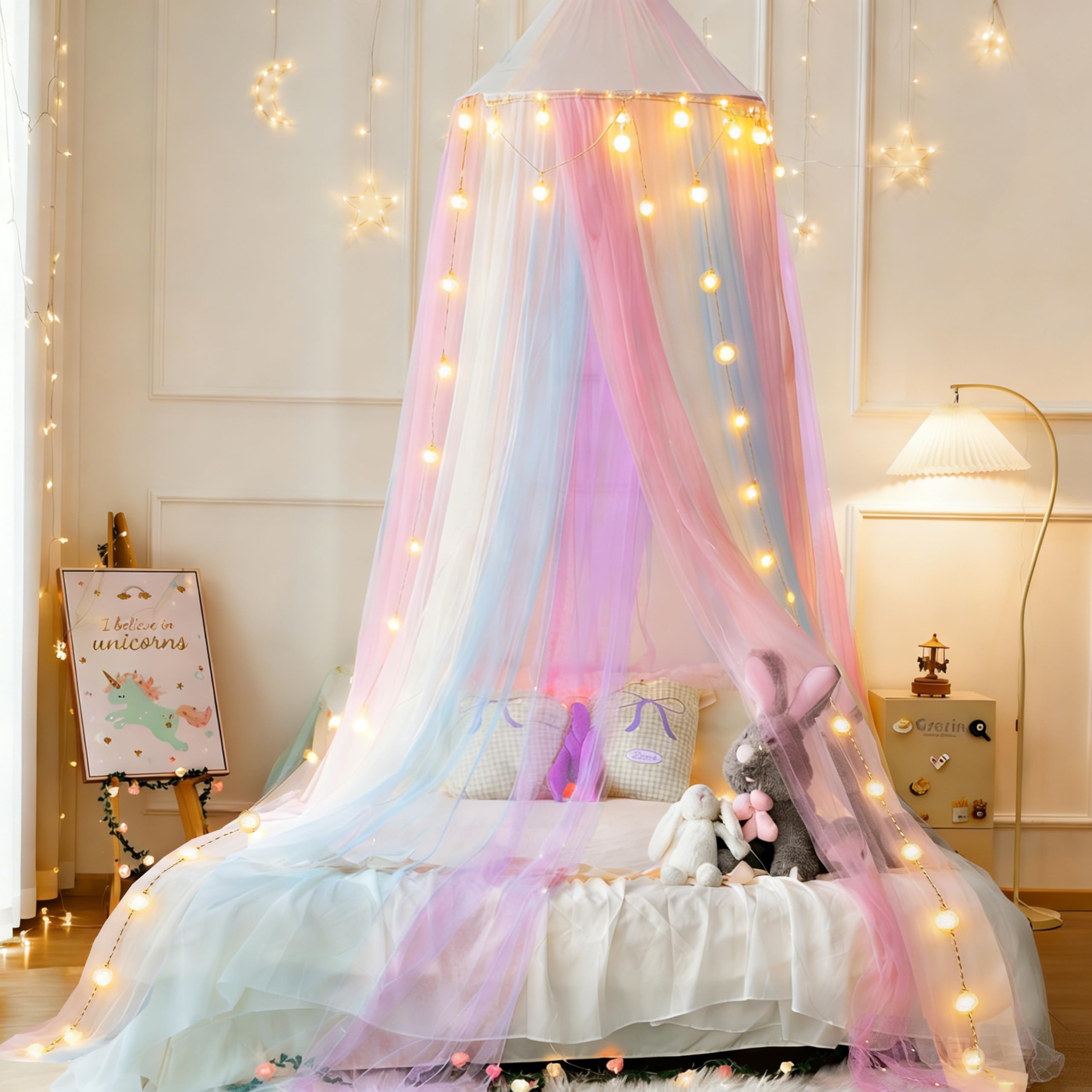 Princess Rainbow Bed Canopy with Lights for Girls Bed Net,Princess Canopy for Kids Bed Room Deco