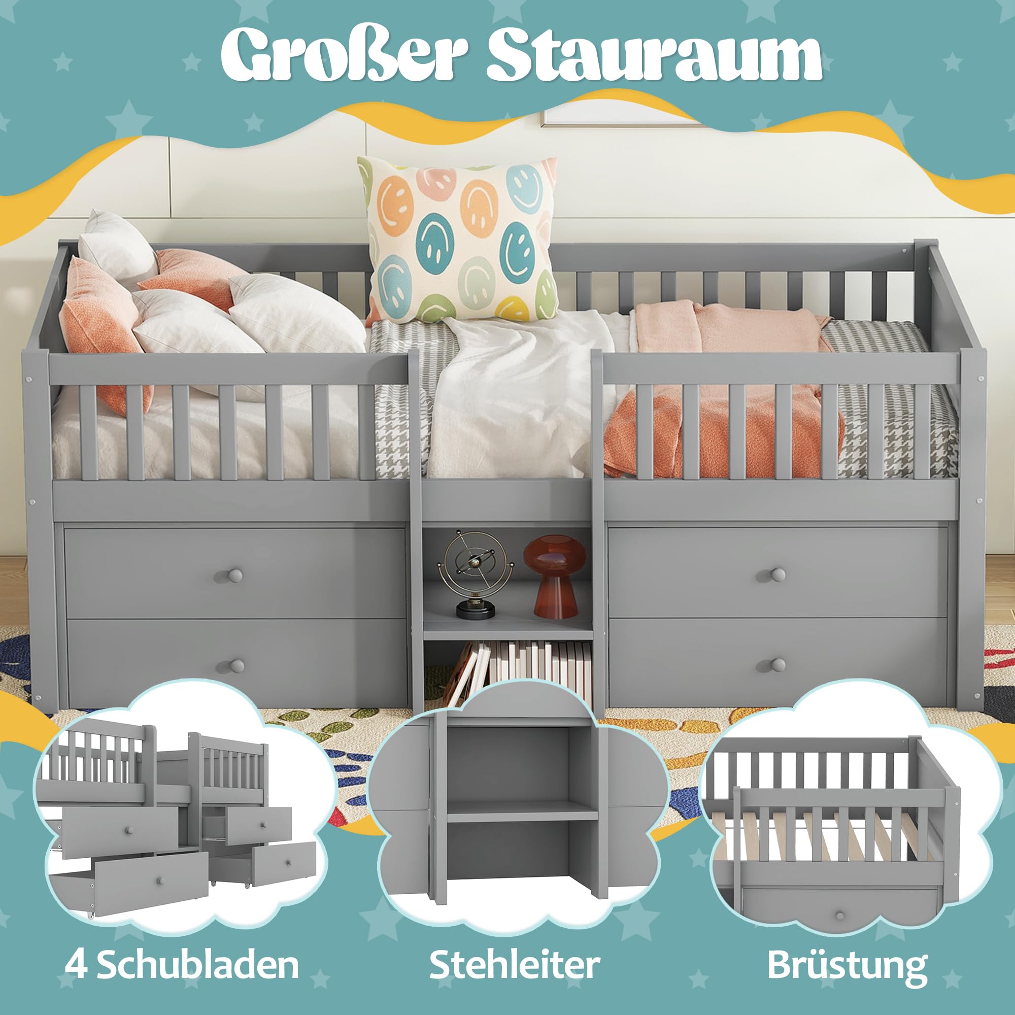 Lubvtti Cama para niños con 4 cajones, Cama Montessori 90 x 200 cm,Cama Infantil con barandilla y Base de láminas, sin colchón, Estilo Minimalista, Gris